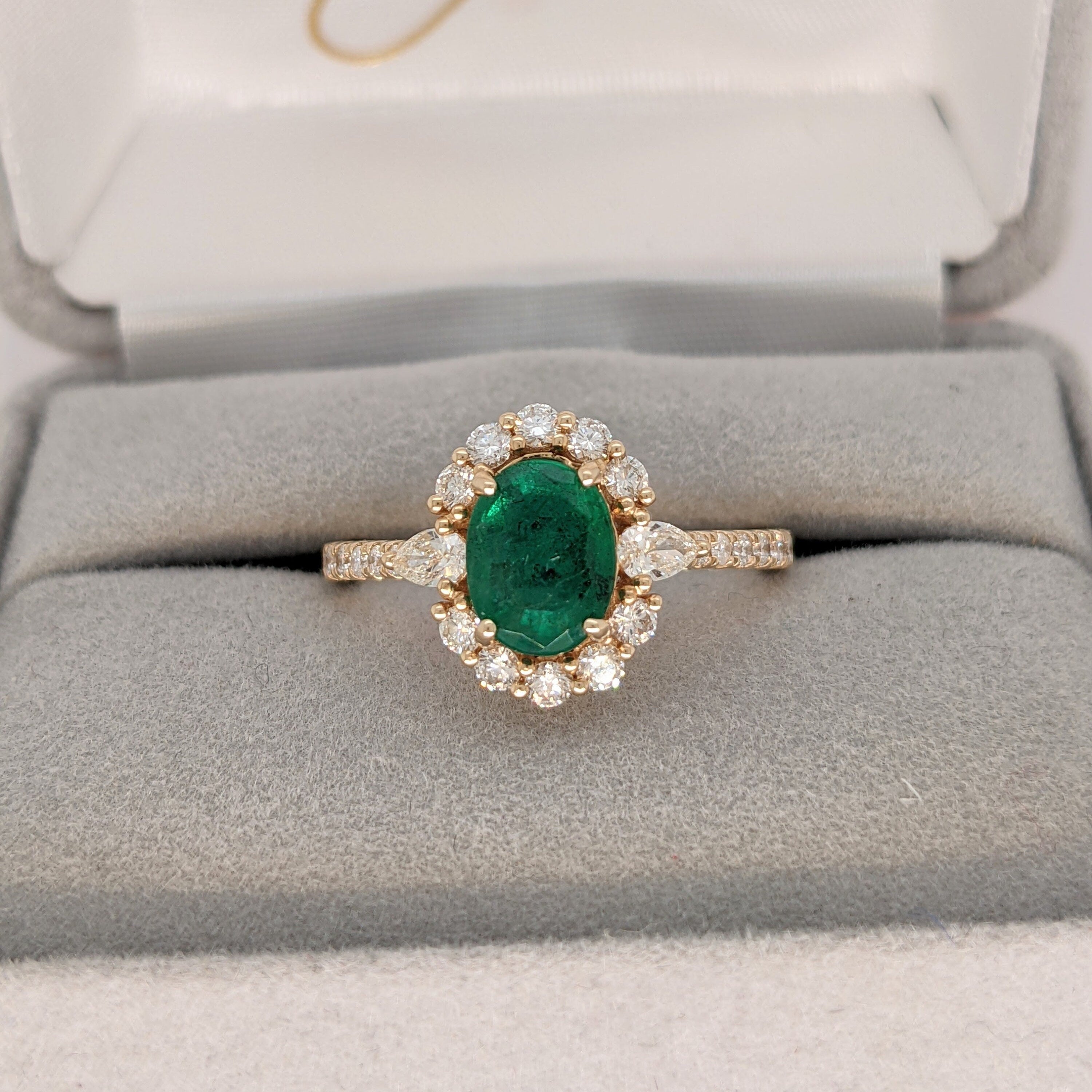 Emerald Ring In 14k Yellow Gold w Diamond Halo and Pear Diamond Accents | Oval 8x6mm | Pave Shank | May Birthstone | Green Gemstone Ring