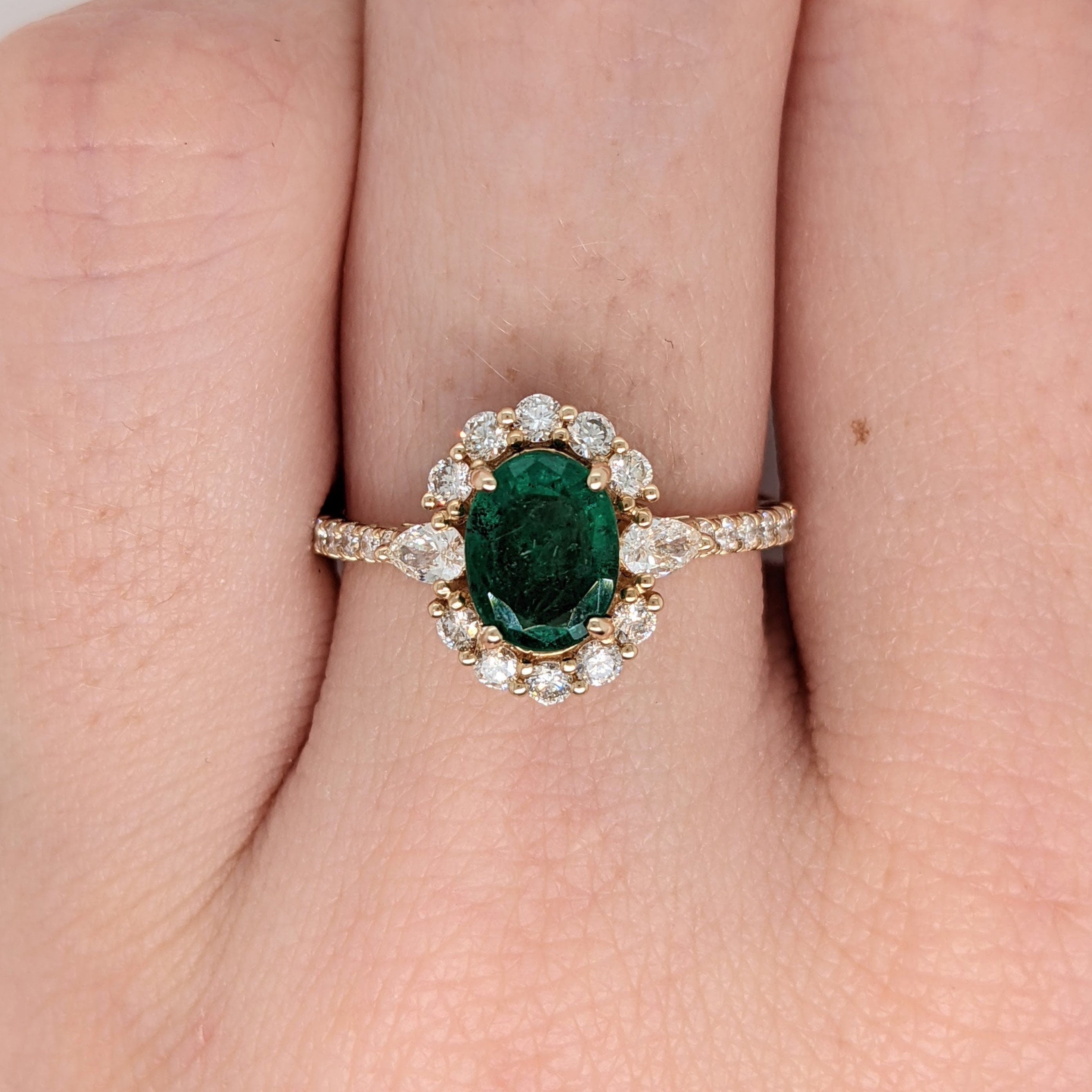 Emerald Ring In 14k Yellow Gold w Diamond Halo and Pear Diamond Accents | Oval 8x6mm | Pave Shank | May Birthstone | Green Gemstone Ring