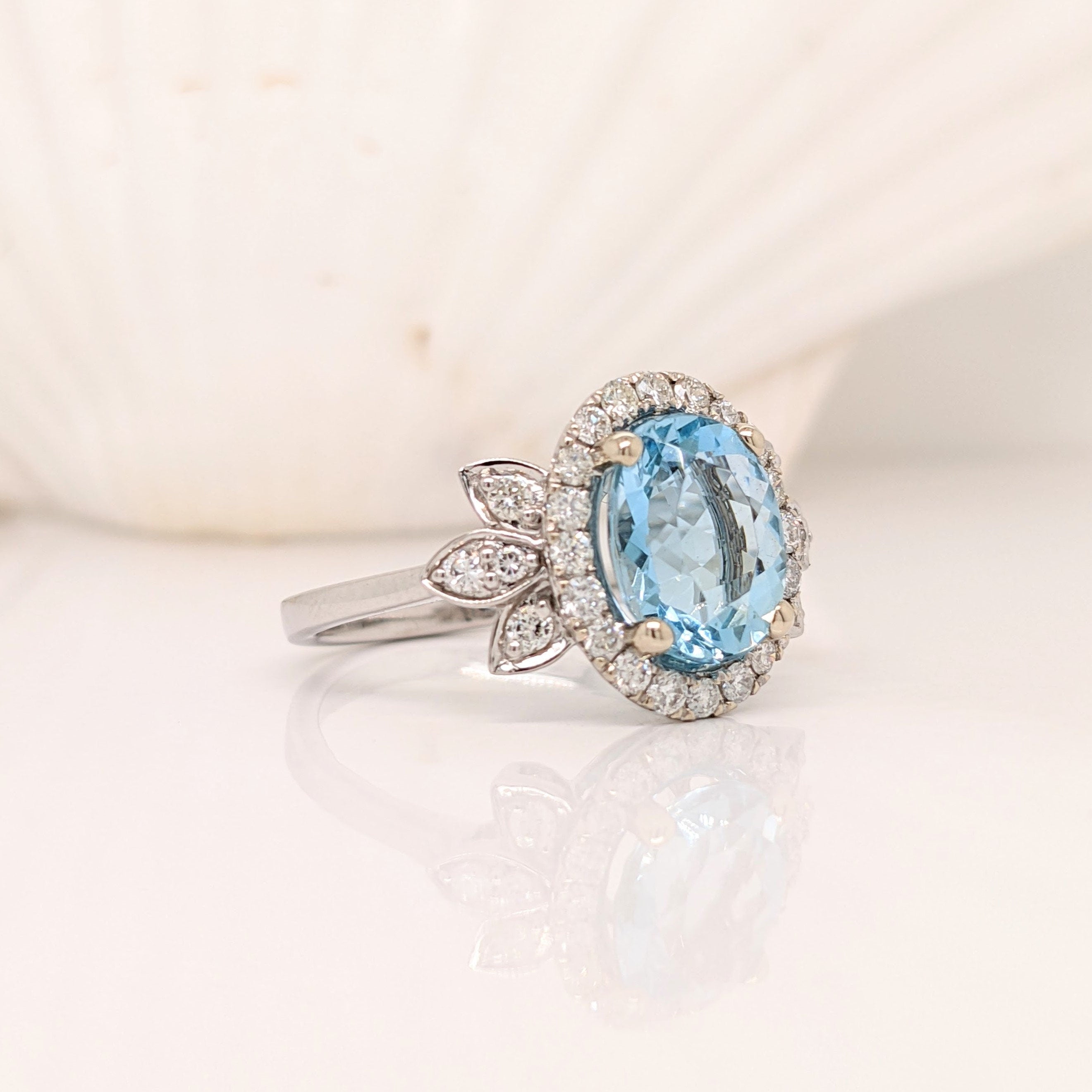 Santa Maria Aquamarine Ring in 14K White Gold w Natural Diamond Halo | Oval 10x8mm | Floral Design Inspired | March Birthstone | Blue Ring
