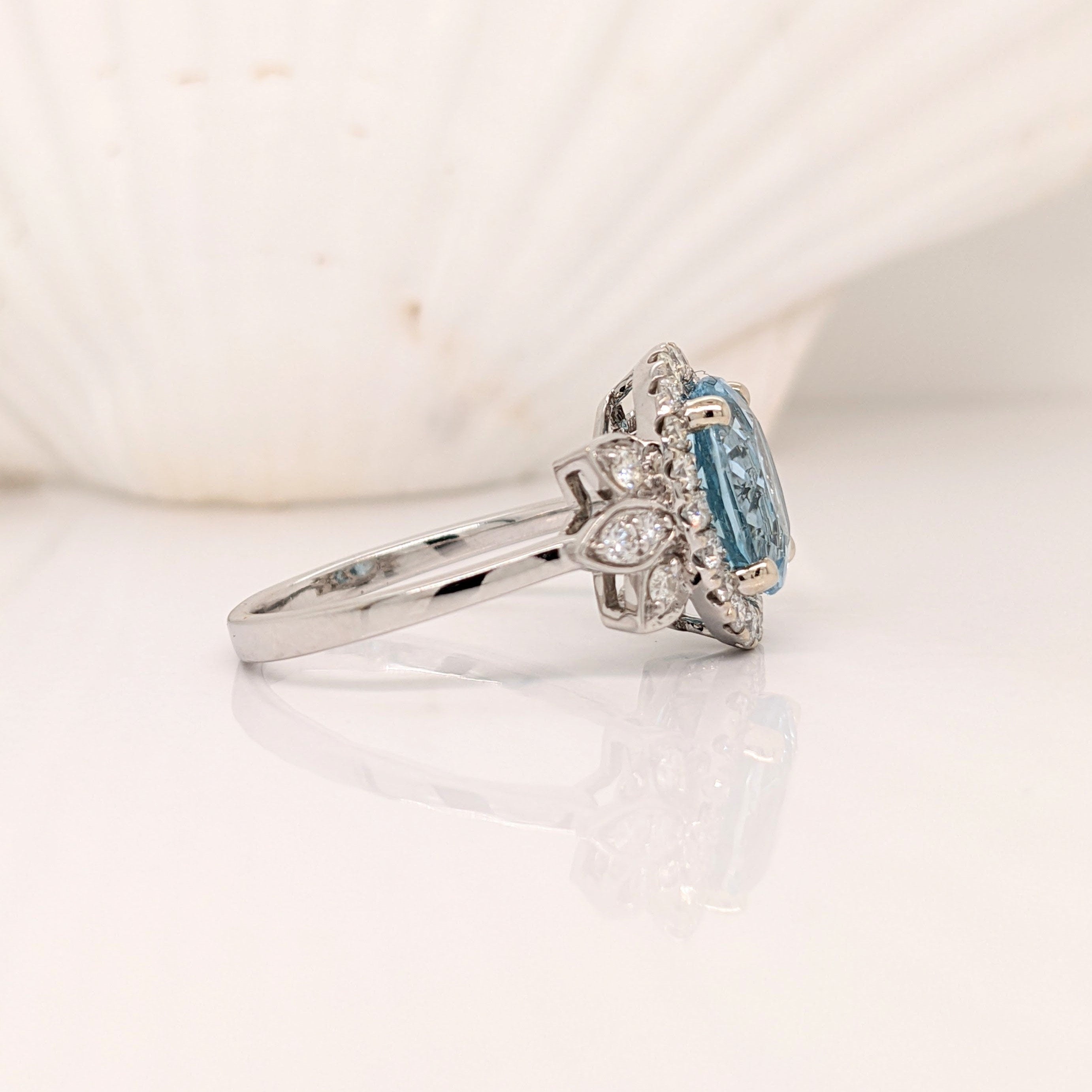 Santa Maria Aquamarine Ring in 14K White Gold w Natural Diamond Halo | Oval 10x8mm | Floral Design Inspired | March Birthstone | Blue Ring