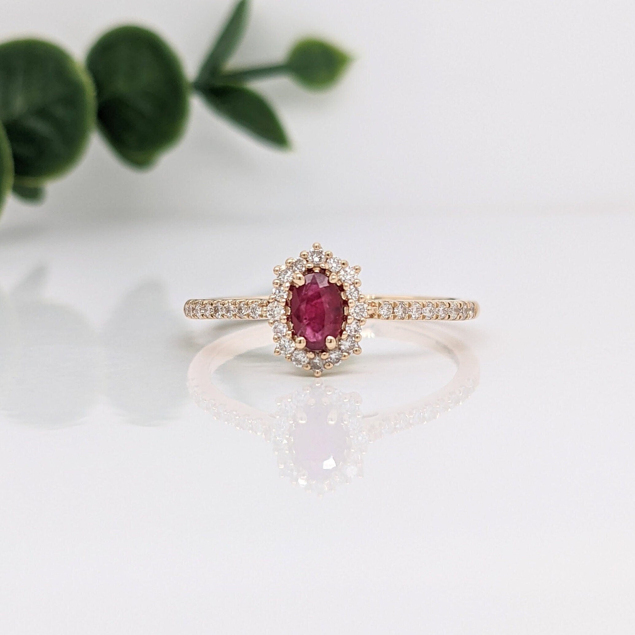 Classic Red Ruby Ring in 14k Solid Yellow Gold with Natural Diamond Accents | Oval 5x3mm | July Birthstone | Engagement Ring