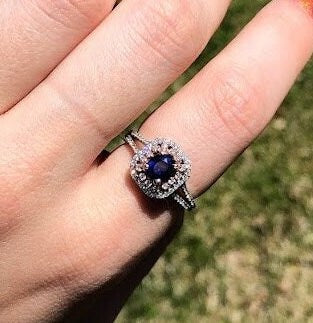Blue Sapphire Ring Accented w/ Double Halo of Natural Diamonds in Dual Tone 14k Solid Gold | Round | Split Pave Shank | September Birthstone