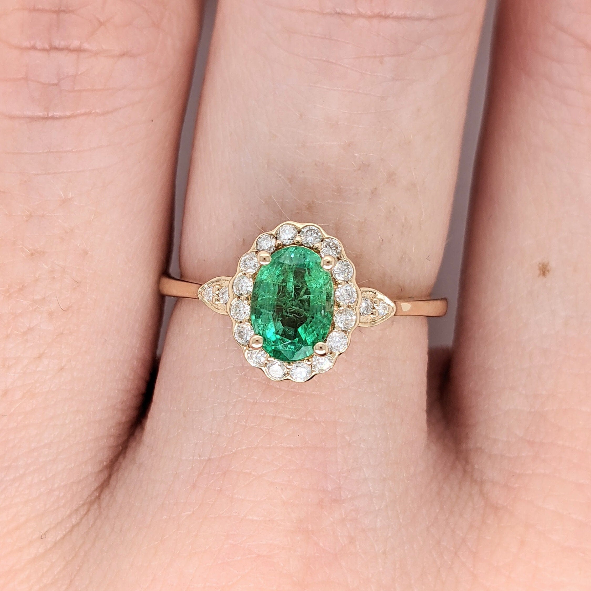 Timeless Zambian Emerald Ring in Solid 14k Yellow Gold with Natural Diamond Accents | Oval 7x5mm | May Birthstone | Minimalist Ring