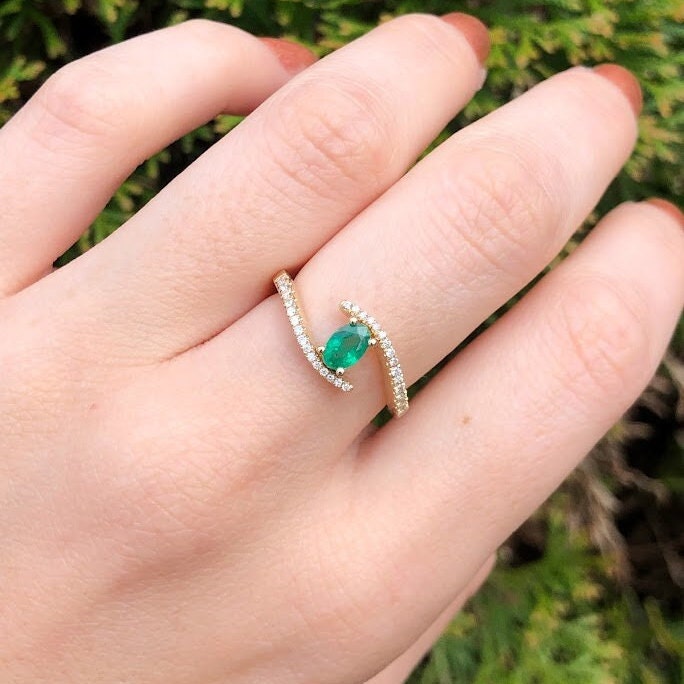 Classic Zambian Emerald Ring in Solid 14k Yellow Gold with Natural Diamond Accents | Oval 6x4mm | May Birthstone | Dainty Ring