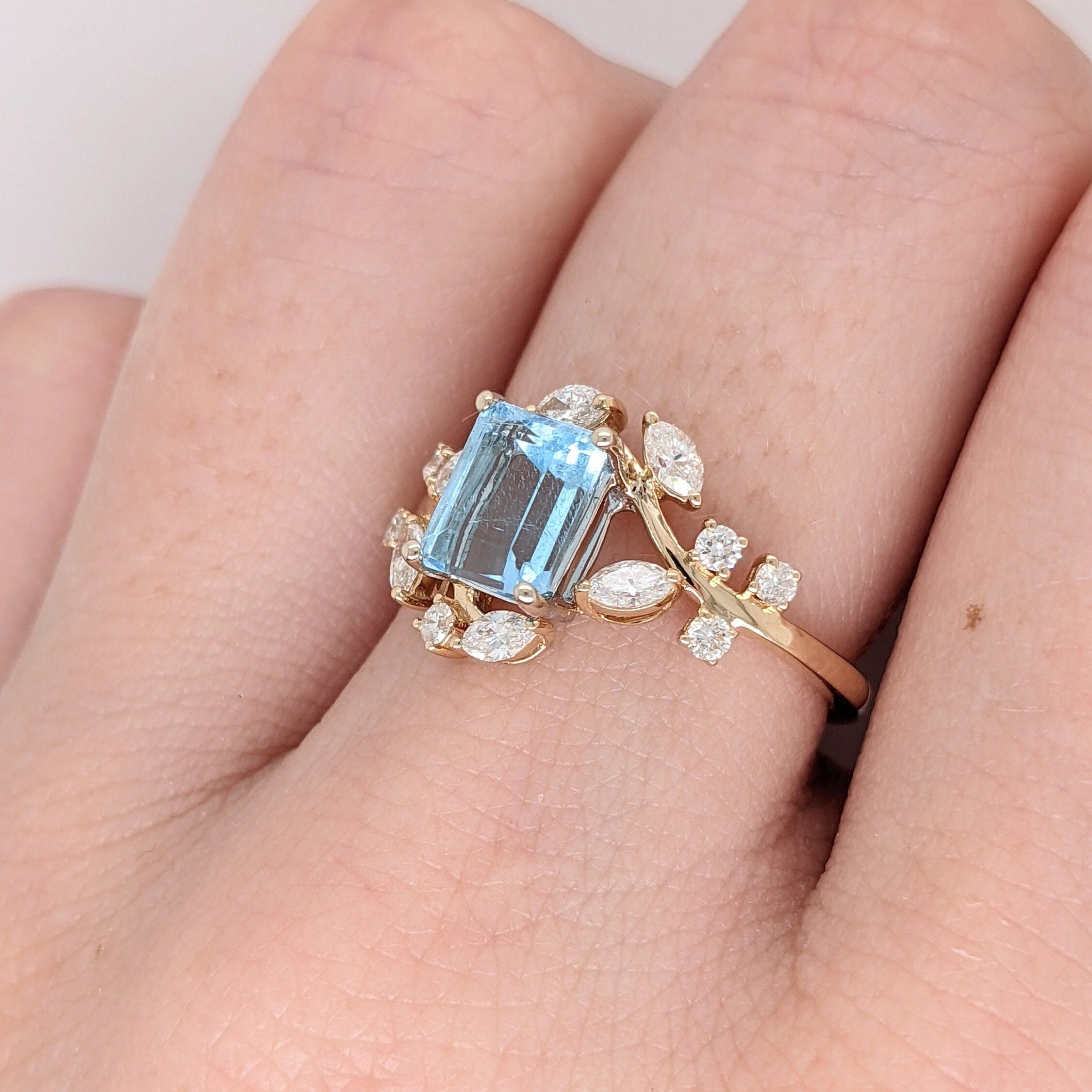 Santa Maria Aquamarine Ring in Solid 14K Yellow Gold with Natural Diamond Accents | Emerald Cut 7x5mm | March Birthstone | Engagement Ring