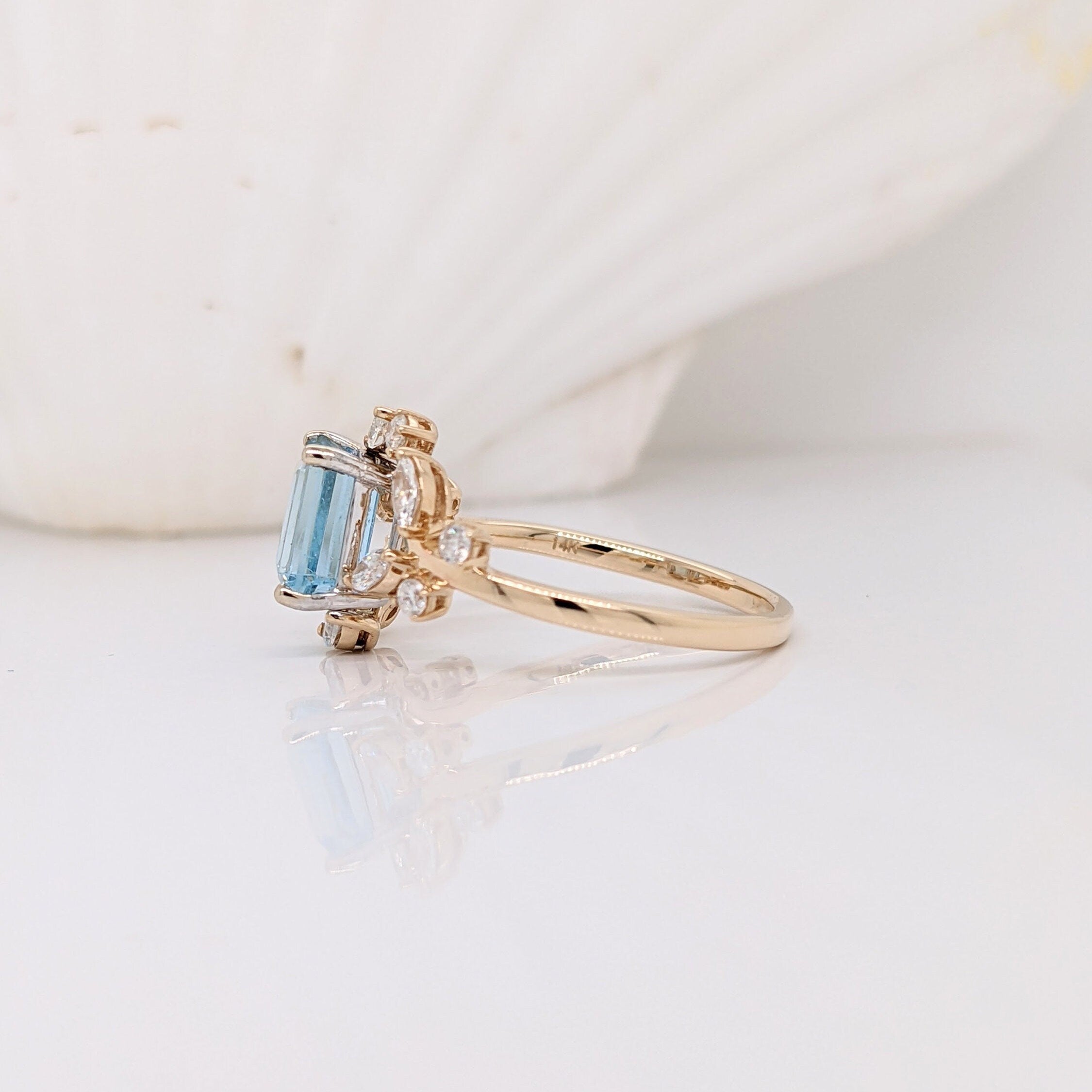 Santa Maria Aquamarine Ring in Solid 14K Yellow Gold with Natural Diamond Accents | Emerald Cut 7x5mm | March Birthstone | Engagement Ring