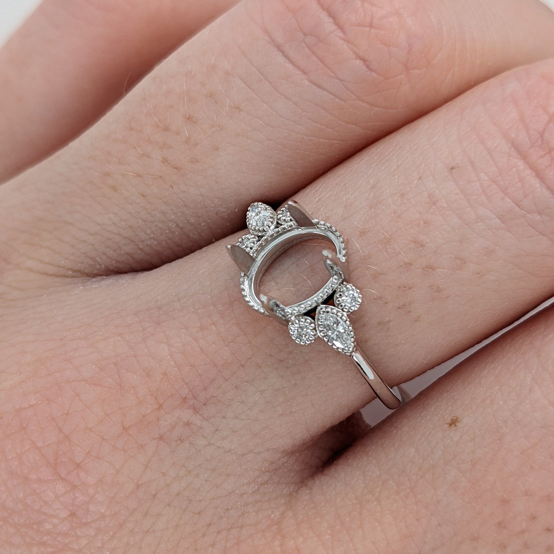Vintage Inspired Ring Semi Mount with Milgrain Detail and Natural Diamond Accents in 14k Solid White Gold | Oval Basket 8x6mm | Customizable