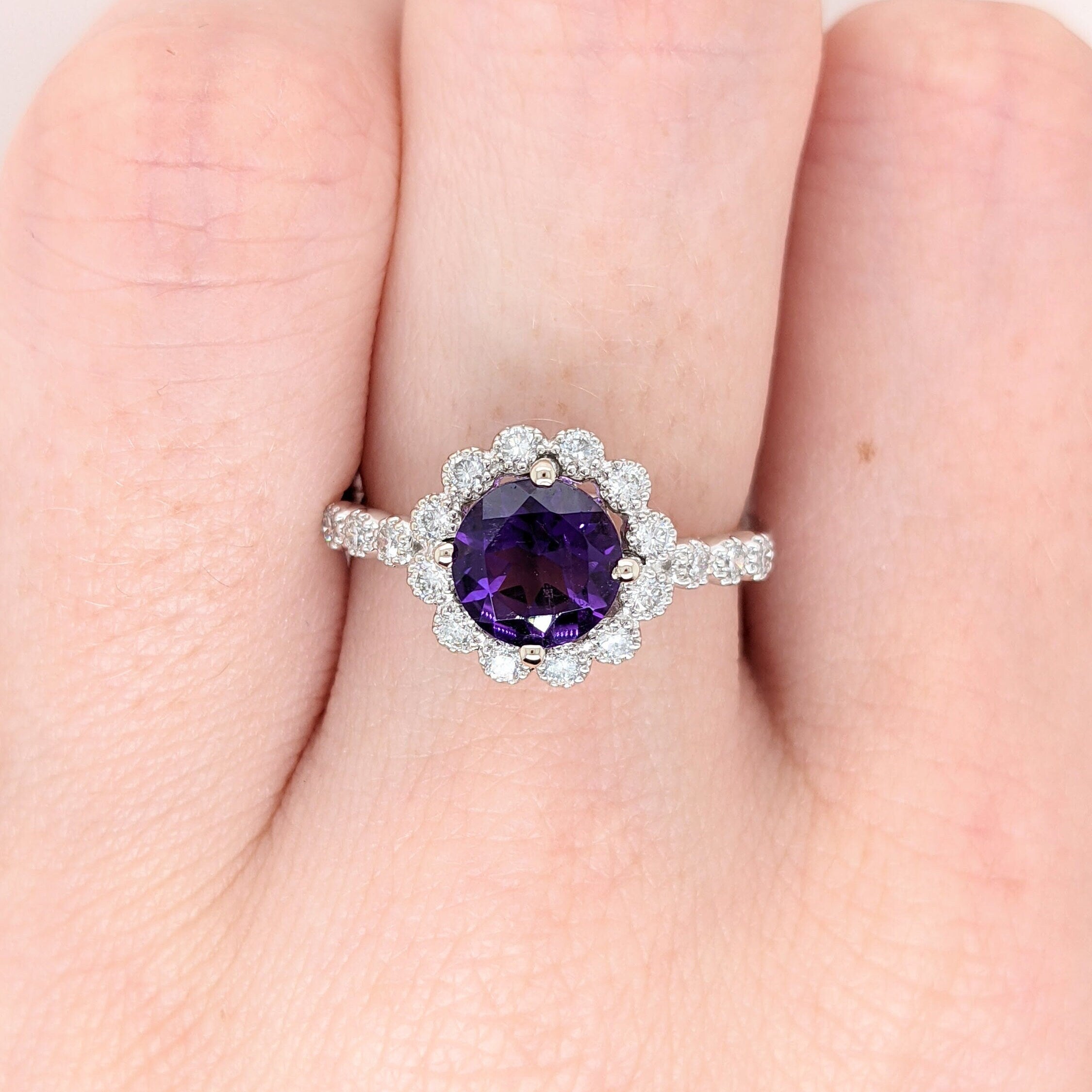 Beautiful Deep Purple Amethyst Ring in Solid 14k White Gold with Natural Diamond Accents | Round 7mm | February Birthstone | Engagement Ring