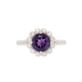 Beautiful Deep Purple Amethyst Ring in Solid 14k White Gold with Natural Diamond Accents | Round 7mm | February Birthstone | Engagement Ring