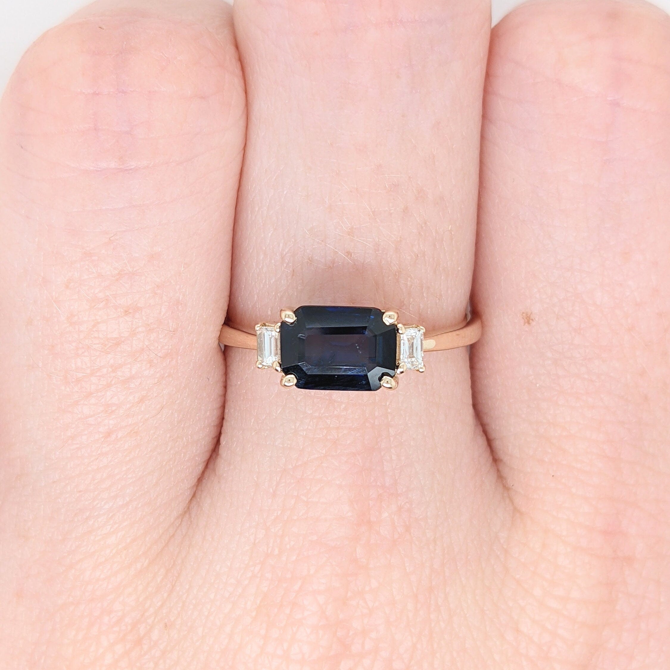 Elegant Sapphire Ring in Solid 14k Yellow Gold w/ Natural Diamond Accents | Emerald cut 7x5mm | Minimalist | September Birthstone | Classic