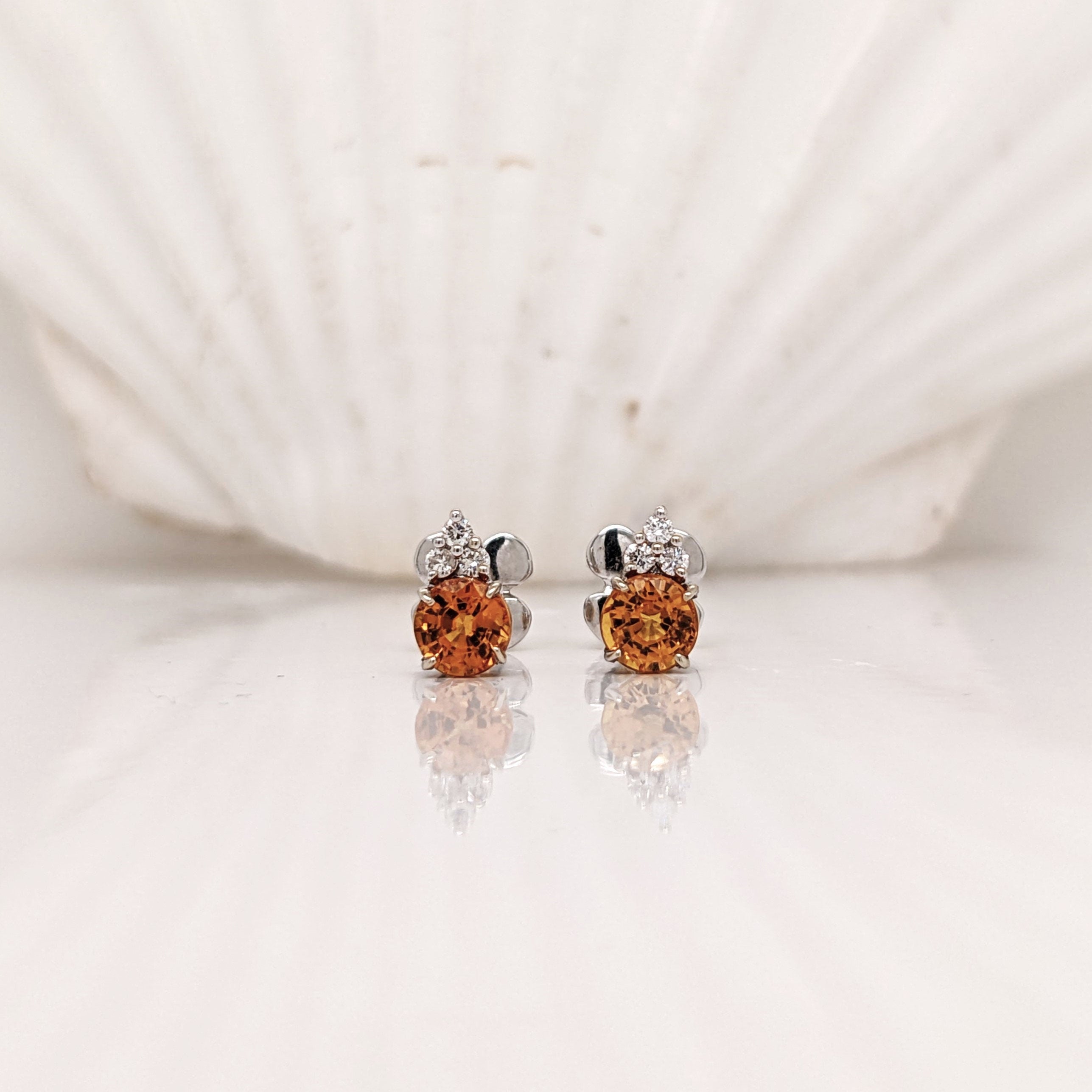 Orange Sapphire and Diamond Earring Studs in Solid 14K White Gold | Round 4mm | September Birthstone | Ready to Ship!