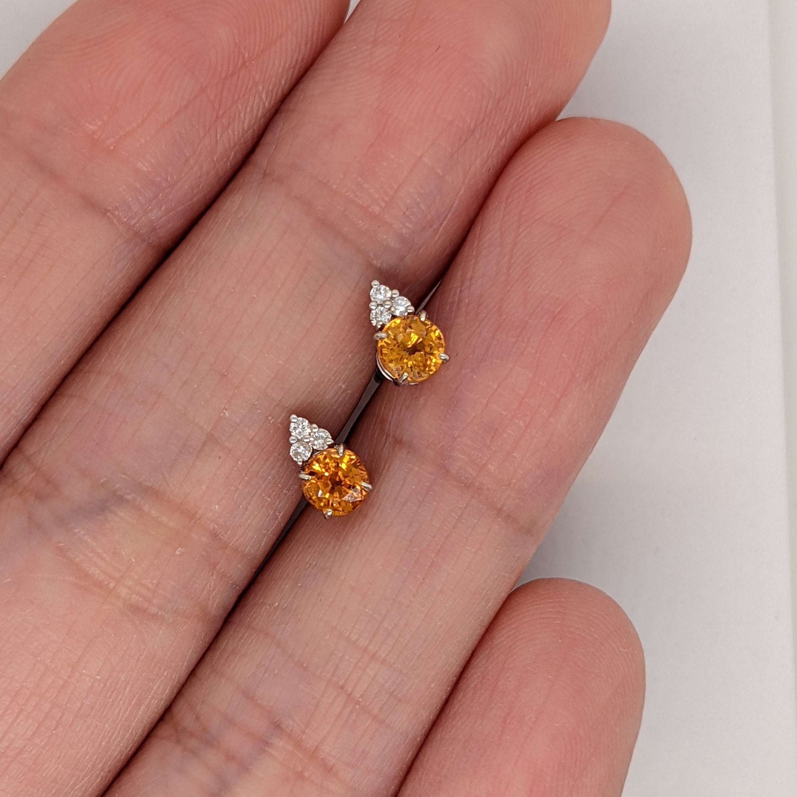 Orange Sapphire and Diamond Earring Studs in Solid 14K White Gold | Round 4mm | September Birthstone | Ready to Ship!