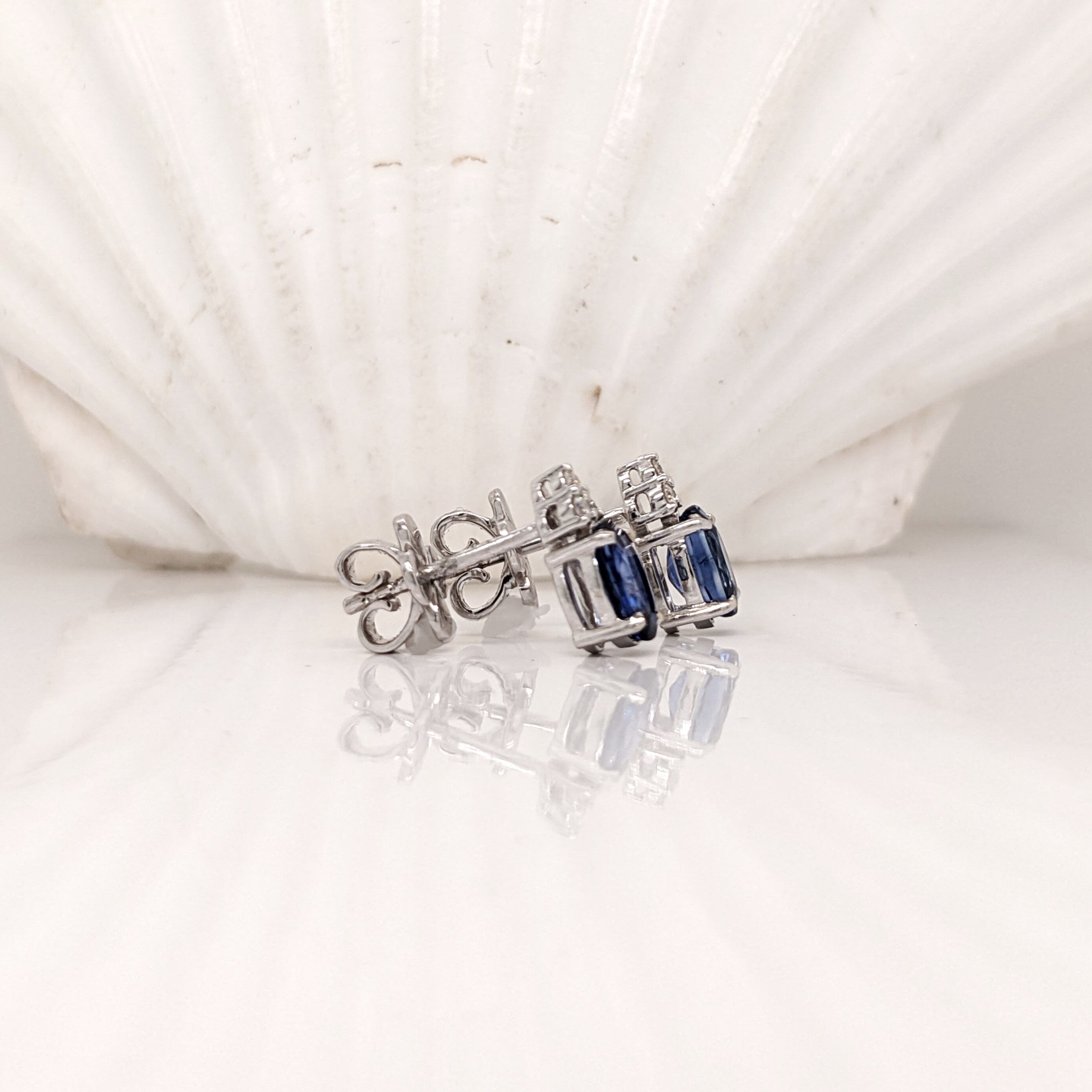 Natural Blue Sapphire and Diamond Earring Studs in Solid 14K White, Yellow or Rose Gold | Oval 6x4mm | September Birthstone | Daily Wear |