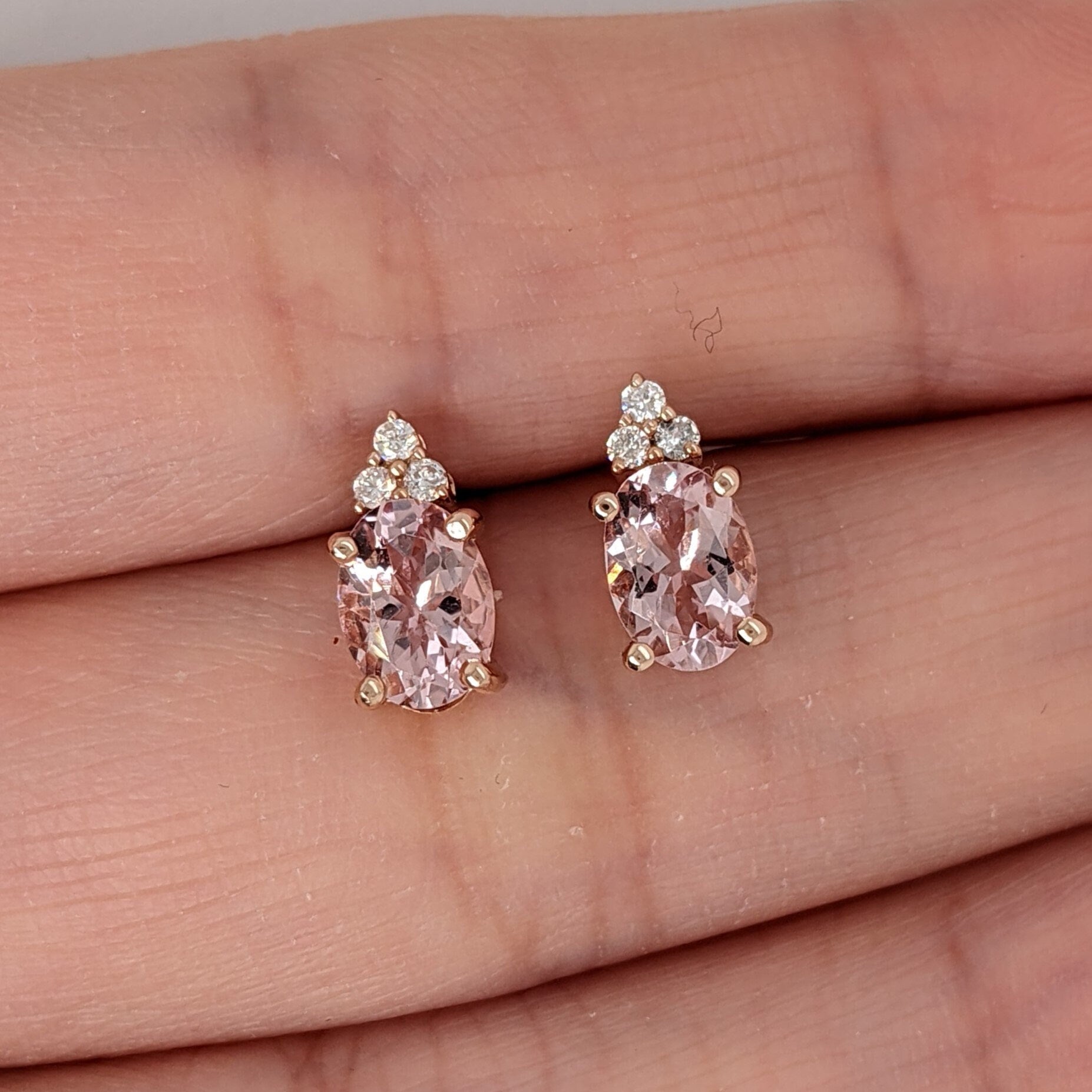 Stud Earrings-Pink Morganite and Diamond Earring Studs in Solid 14K Rose Gold | Oval 7x5mm | Pink Gemstone Studs | Daily Wear | Cor de Rosa |Ready to Ship - NNJGemstones