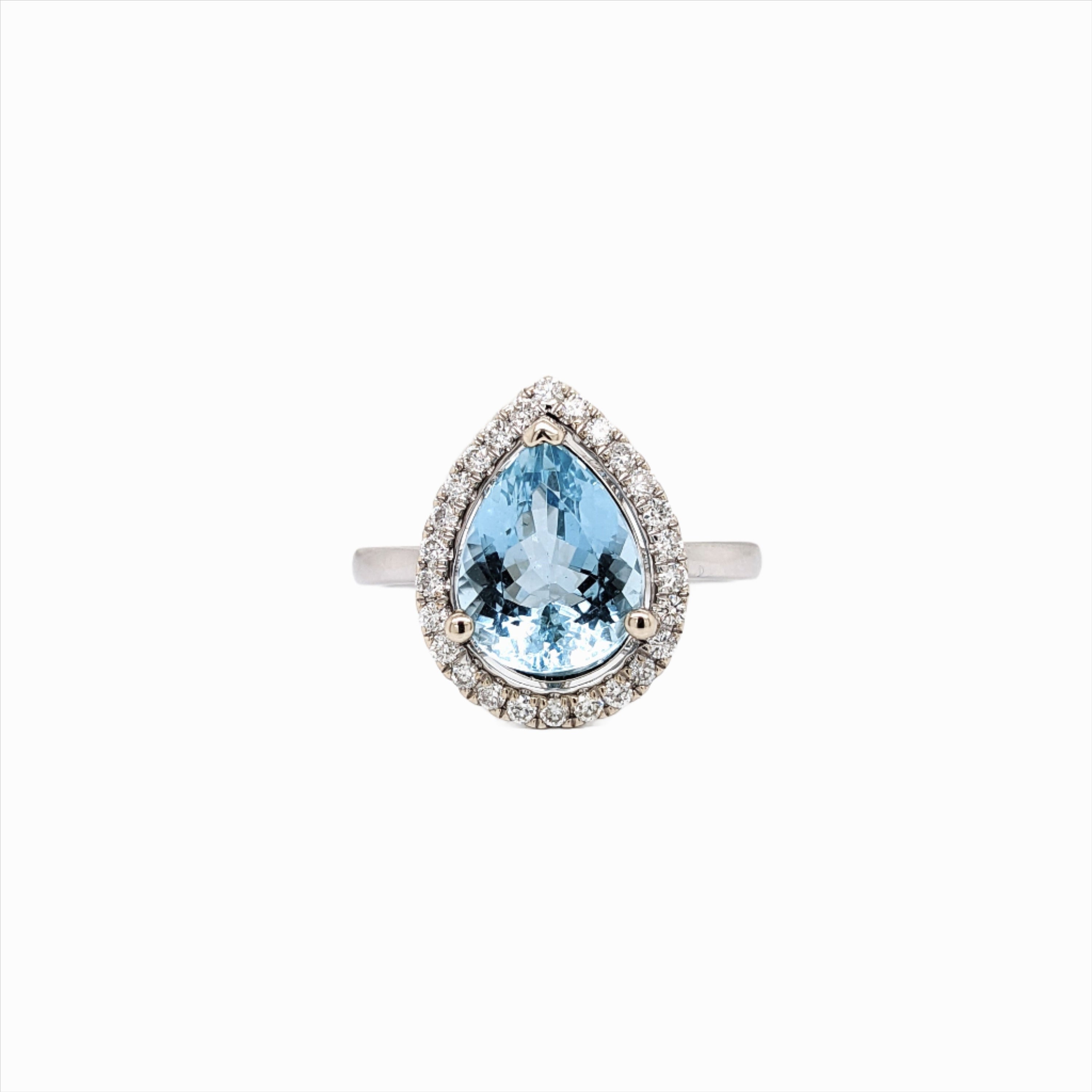 Stunning Aquamarine Ring in Solid 14K White Gold with a Halo of Natural Diamonds | Pear 11x8mm | Natural | Gemstone Jewelry | March Birthday