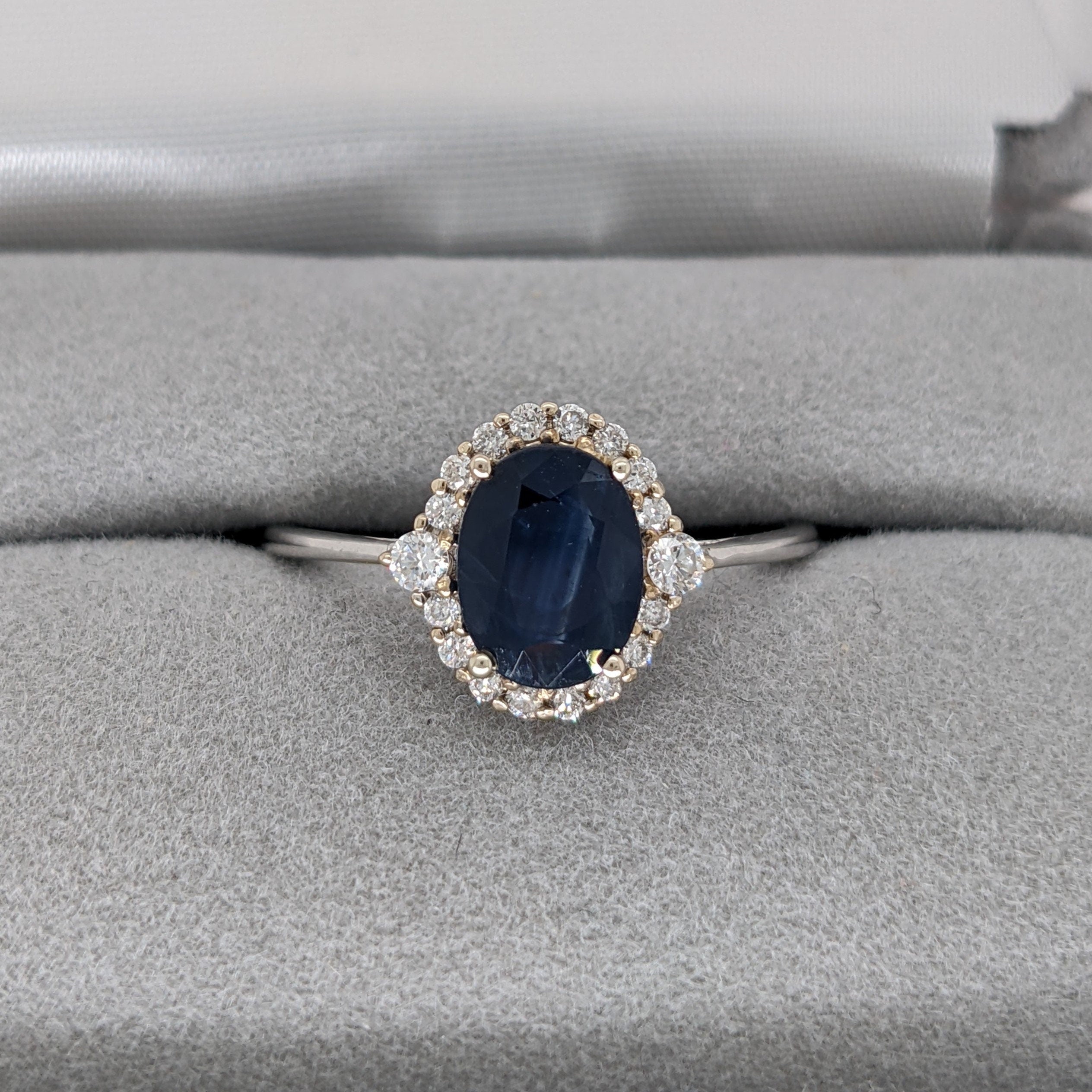 Oval Sapphire Ring w a Natural Diamond Halo in Solid 14k White Gold | Blue Gemstone | Oval Cut | Customizable | September Birthstone