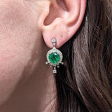 Dangly Zambian Emerald Drop Earrings in 14k Solid White Gold with Natural Diamond Accents | Round 8mm | Green Gemstones | Ready to ship