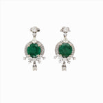 Dangly Zambian Emerald Drop Earrings in 14k Solid White Gold with Natural Diamond Accents | Round 8mm | Green Gemstones | Ready to ship