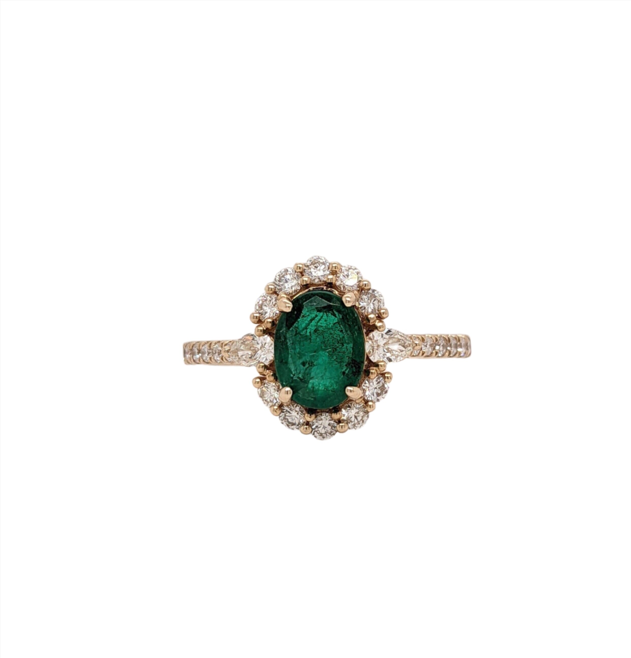 Emerald Ring In 14k Yellow Gold w Diamond Halo and Pear Diamond Accents | Oval 8x6mm | Pave Shank | May Birthstone | Green Gemstone Ring