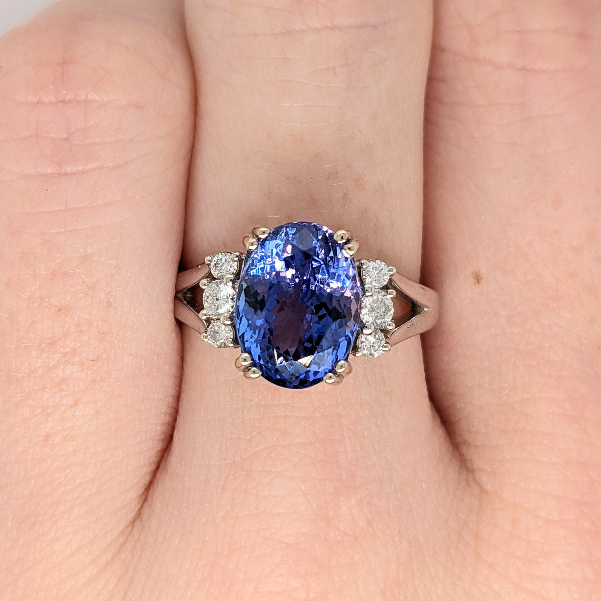 Deep Blue Tanzanite Ring in 14K Solid White Gold w Natural diamond Accents | Oval 10x8mm | December Birthstone Ring | Statement Ring