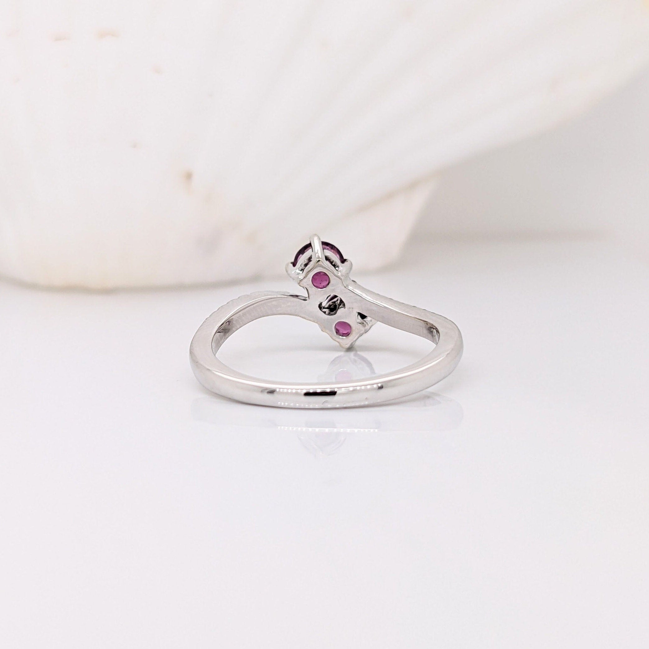 Unique Rhodolite Ring with Natural Diamond Accents in 14k Solid White Gold | Round 4mm | Bypass Ring | January Birthstone | Two Stone Ring