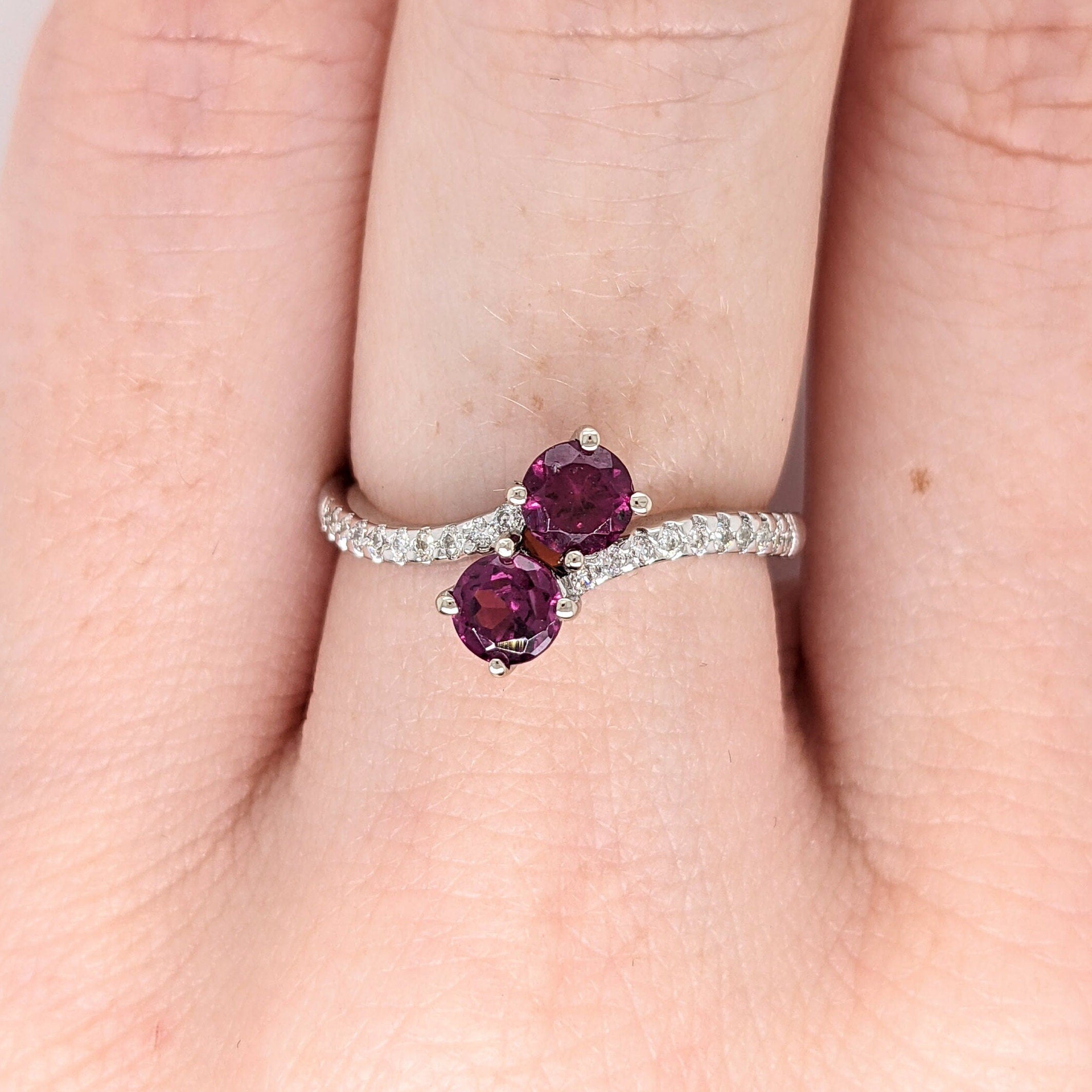 Unique Rhodolite Ring with Natural Diamond Accents in 14k Solid White Gold | Round 4mm | Bypass Ring | January Birthstone | Two Stone Ring