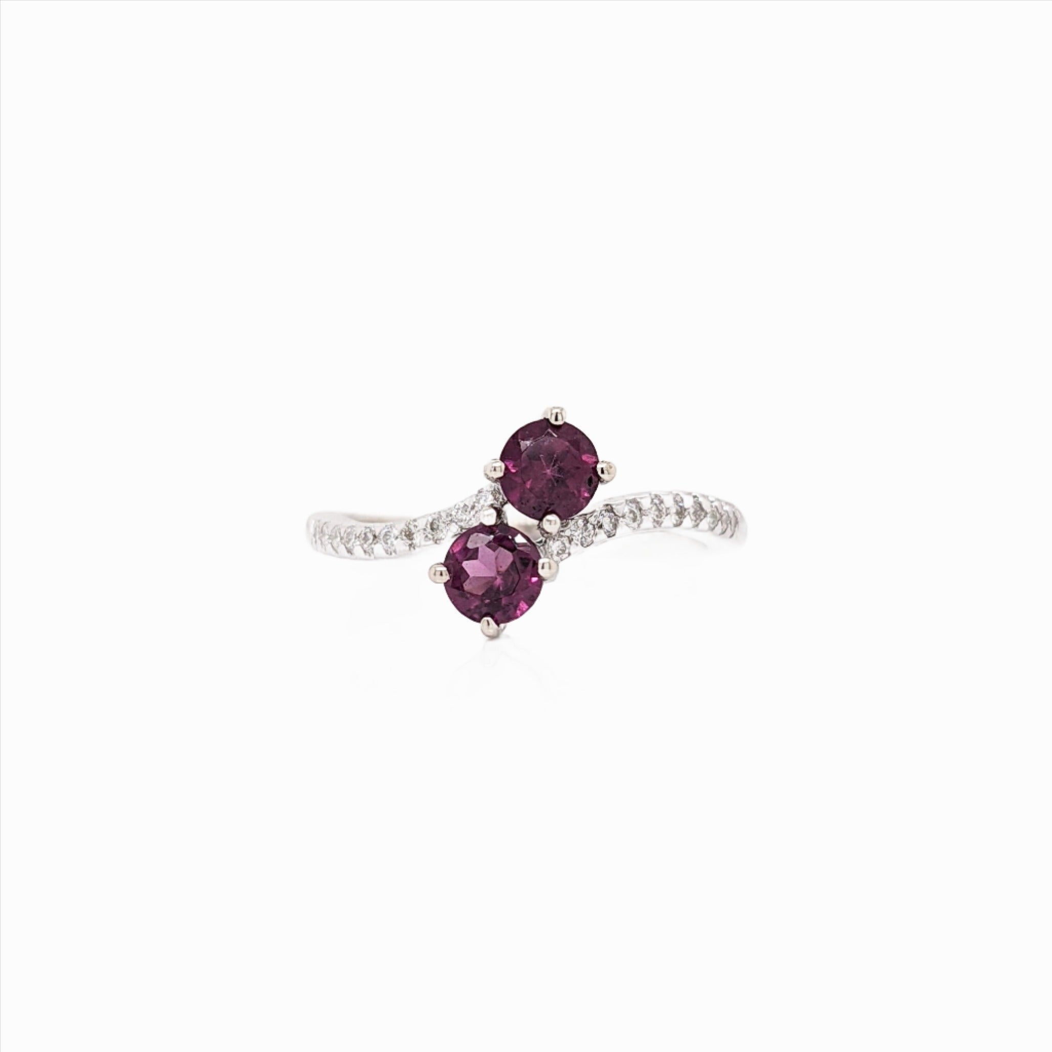 Unique Rhodolite Ring with Natural Diamond Accents in 14k Solid White Gold | Round 4mm | Bypass Ring | January Birthstone | Two Stone Ring