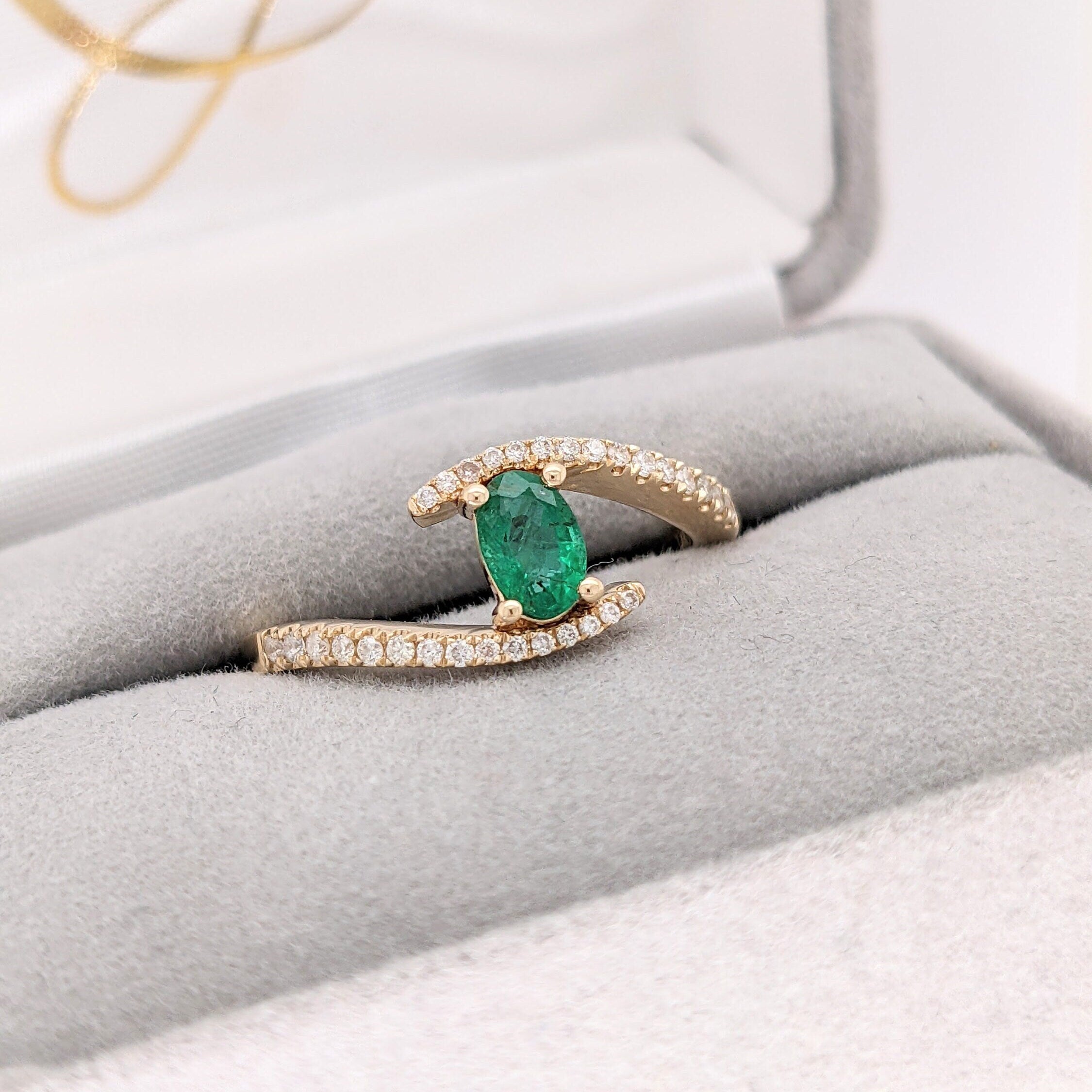 Classic Zambian Emerald Ring in Solid 14k Yellow Gold with Natural Diamond Accents | Oval 6x4mm | May Birthstone | Dainty Ring