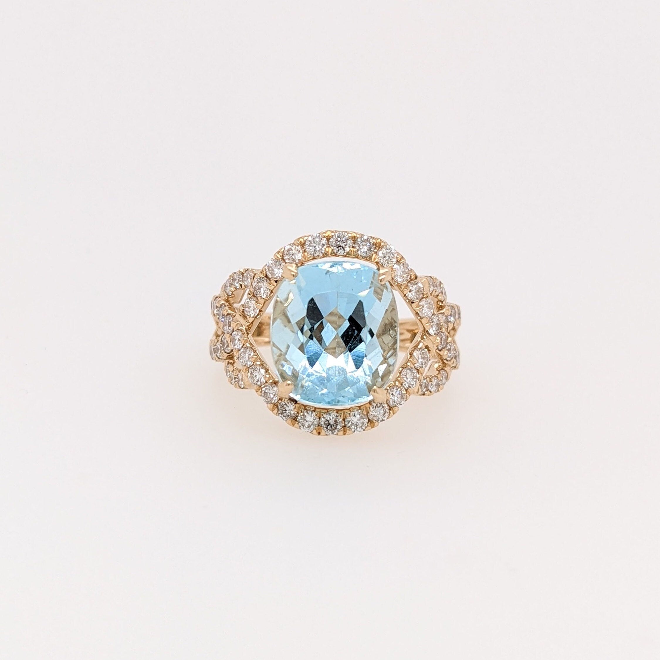 Santa Maria Aquamarine Ring in Solid 14K Yellow Gold with Natural Diamond Accents | Deep blue Cushion 11x9 | March Birthstone | 4-5carat