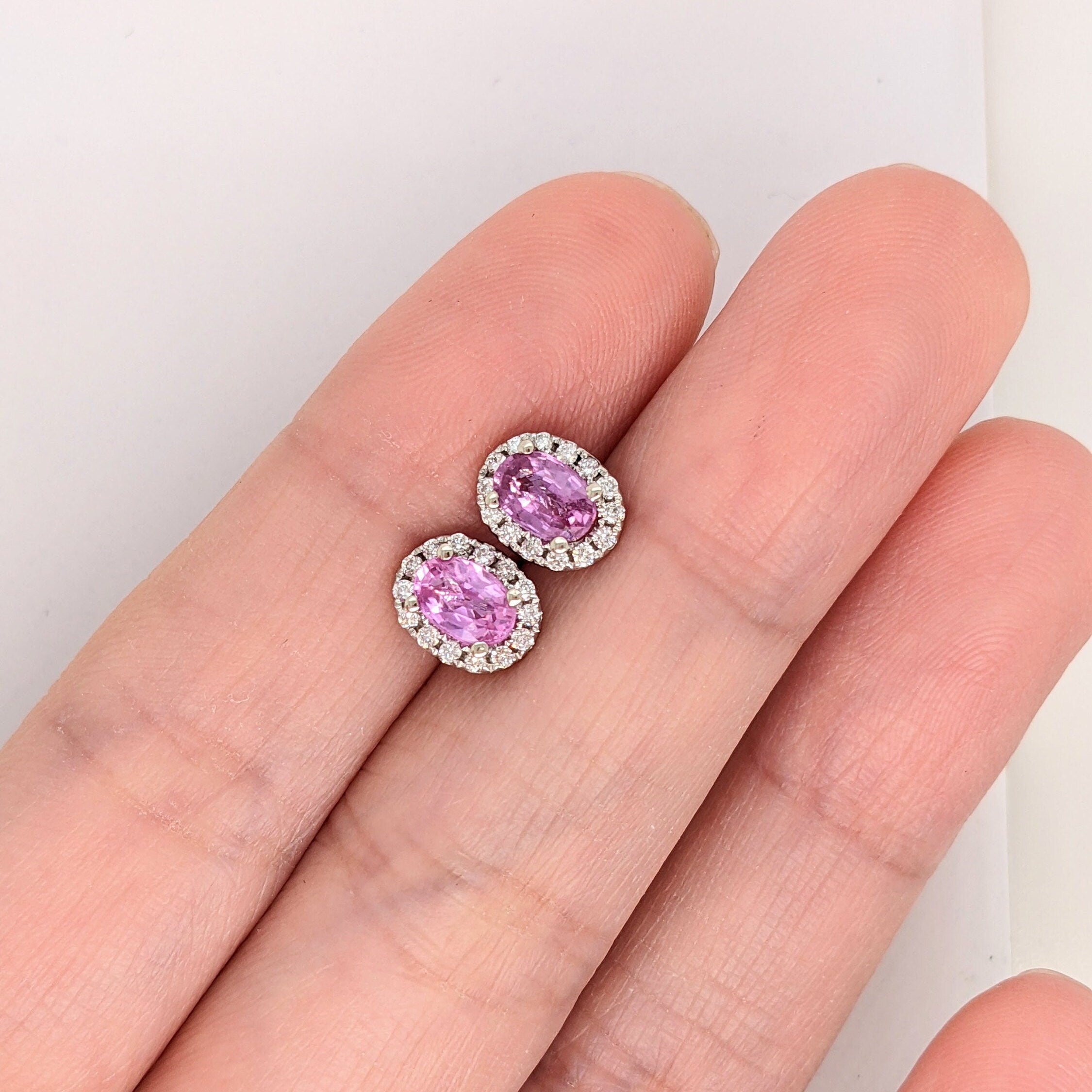 Pink Sapphire and Diamond Earring Studs in Solid 14K White Gold | Oval 6x4mm | Pink Gemstone Studs | Daily Wear | Cute Studs | Ready to Ship