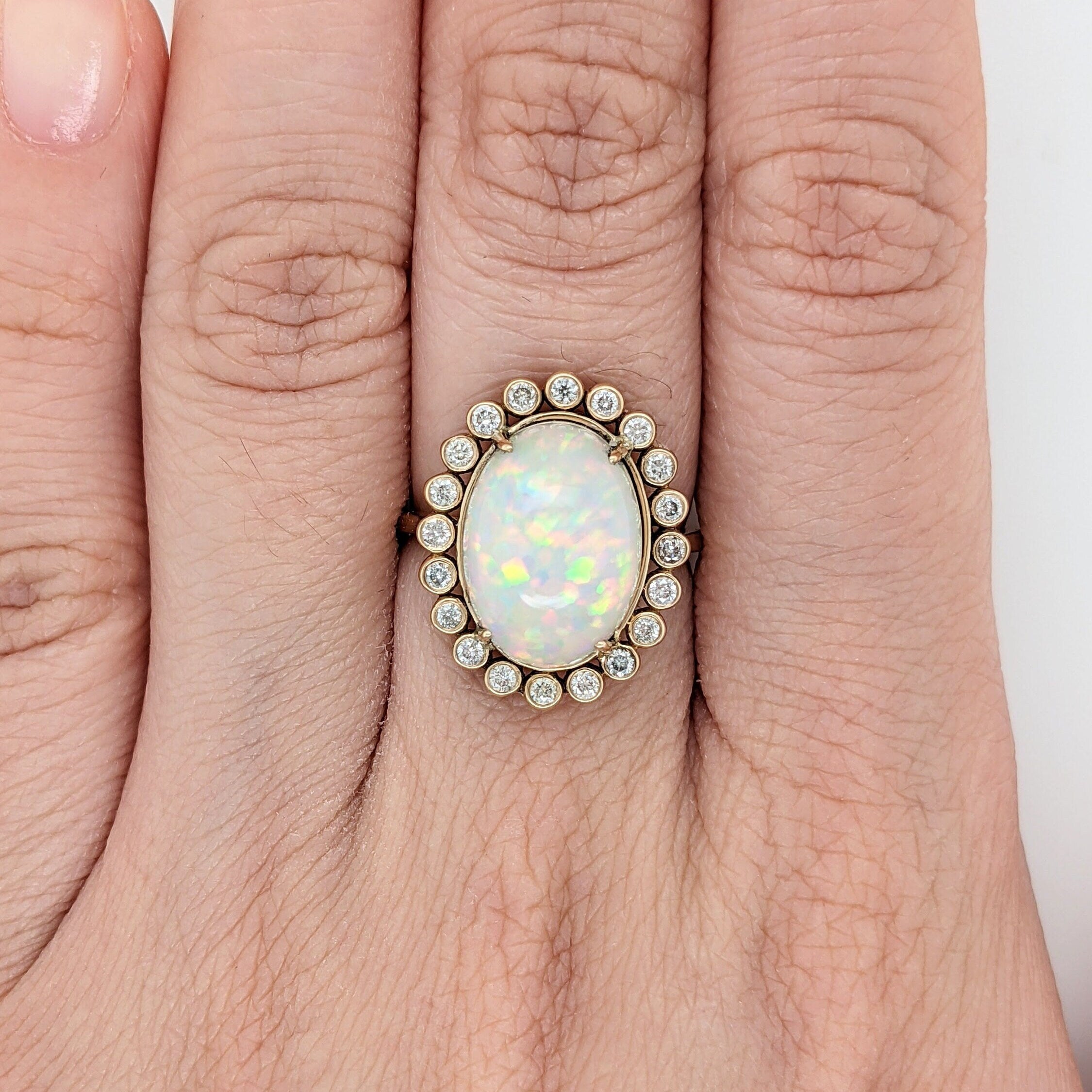 Stunning Opal Ring in Solid 14k Yellow Gold with Natural Diamond Accents | Oval 14x10mm | October Birthstone | Statement Ring |Ready to Ship