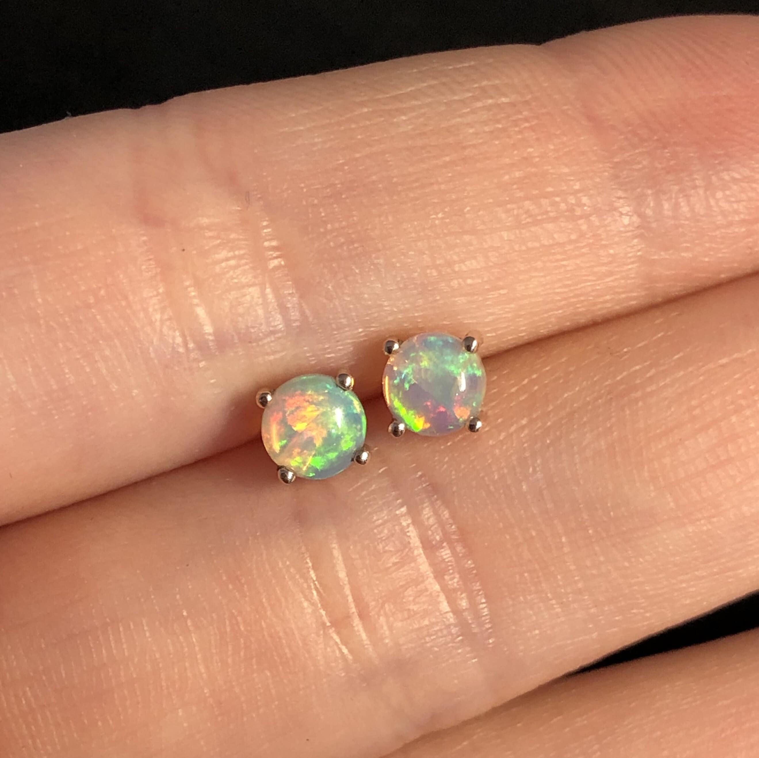 Glowing Round Opal Solitaire Stud Earrings in Solid 14k Gold | Round 5mm | Push Back | Play of Color | October Birthstone | Solitaire Studs