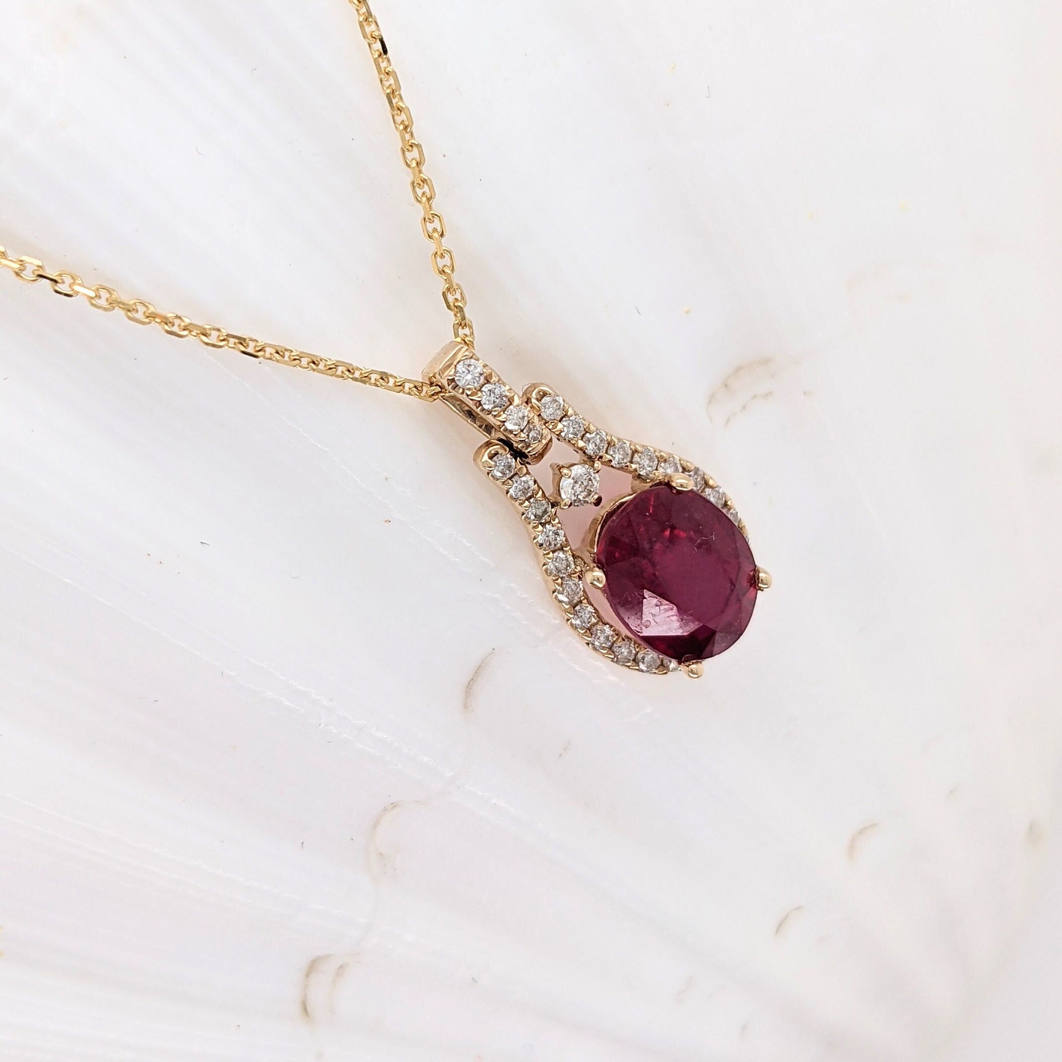 Elegant Ruby Pendant in Solid 14K Yellow, White or Rose Gold with Natural Diamond Accents | Oval 7x5mm | July Birthstone | Classic Pendant