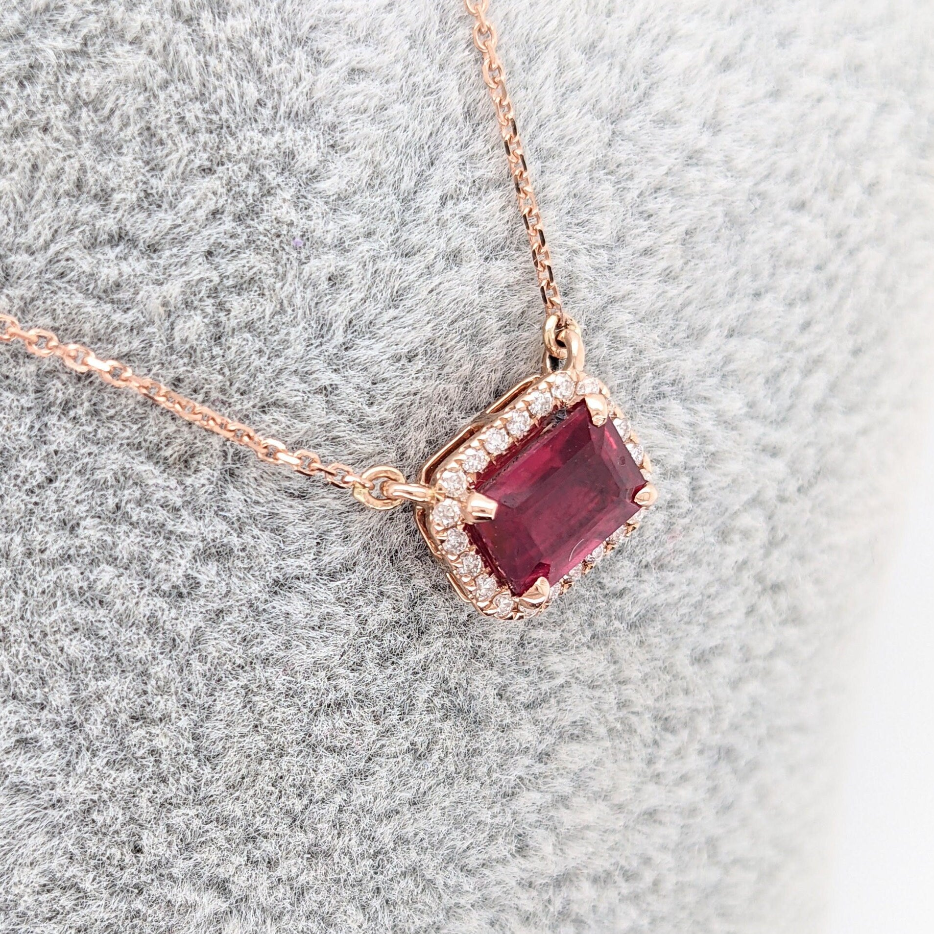 Pendants-Timeless Ruby Necklace in Solid 14K Rose Gold | Emerald Cut 7x5mm | July Birthstone | Daily Wear | Attached Chain | Ready to Ship | Classy - NNJGemstones