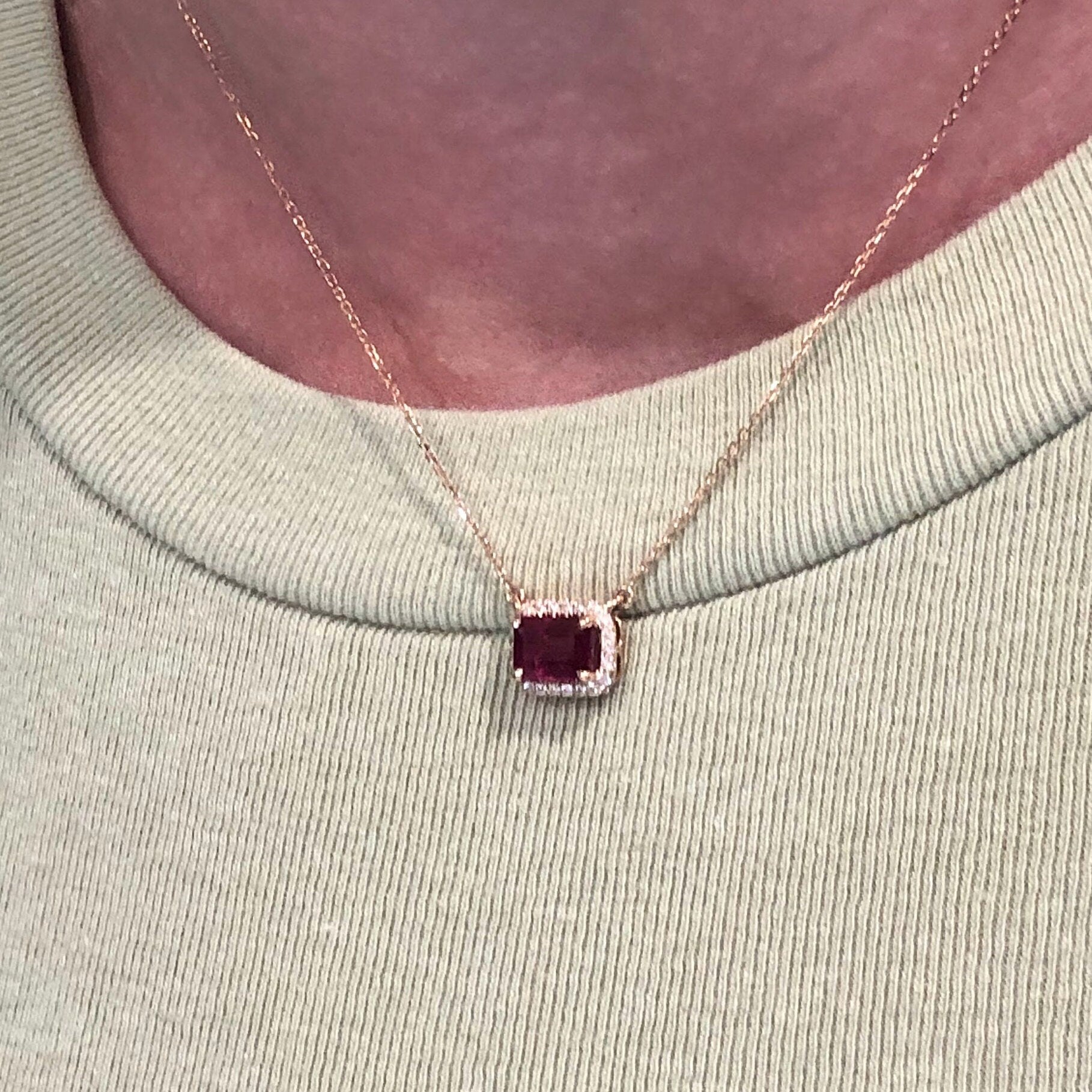 Pendants-Timeless Ruby Necklace in Solid 14K Rose Gold | Emerald Cut 7x5mm | July Birthstone | Daily Wear | Attached Chain | Ready to Ship | Classy - NNJGemstones