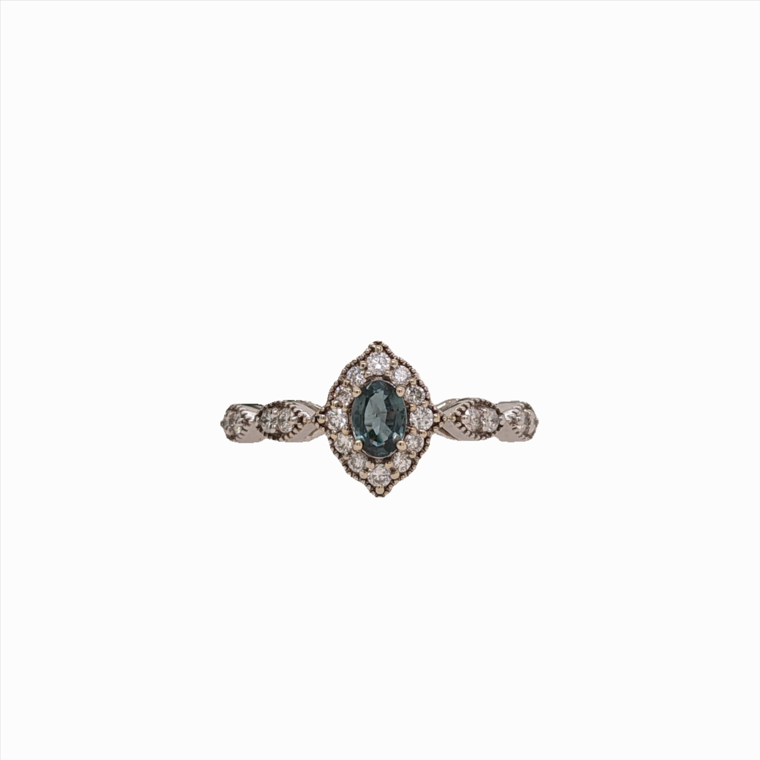 Vintage Style Natural Color Changing Alexandrite Ring in Solid 14K White Gold w Natural Diamond Accents | Oval 5x3mm | June Birthstone