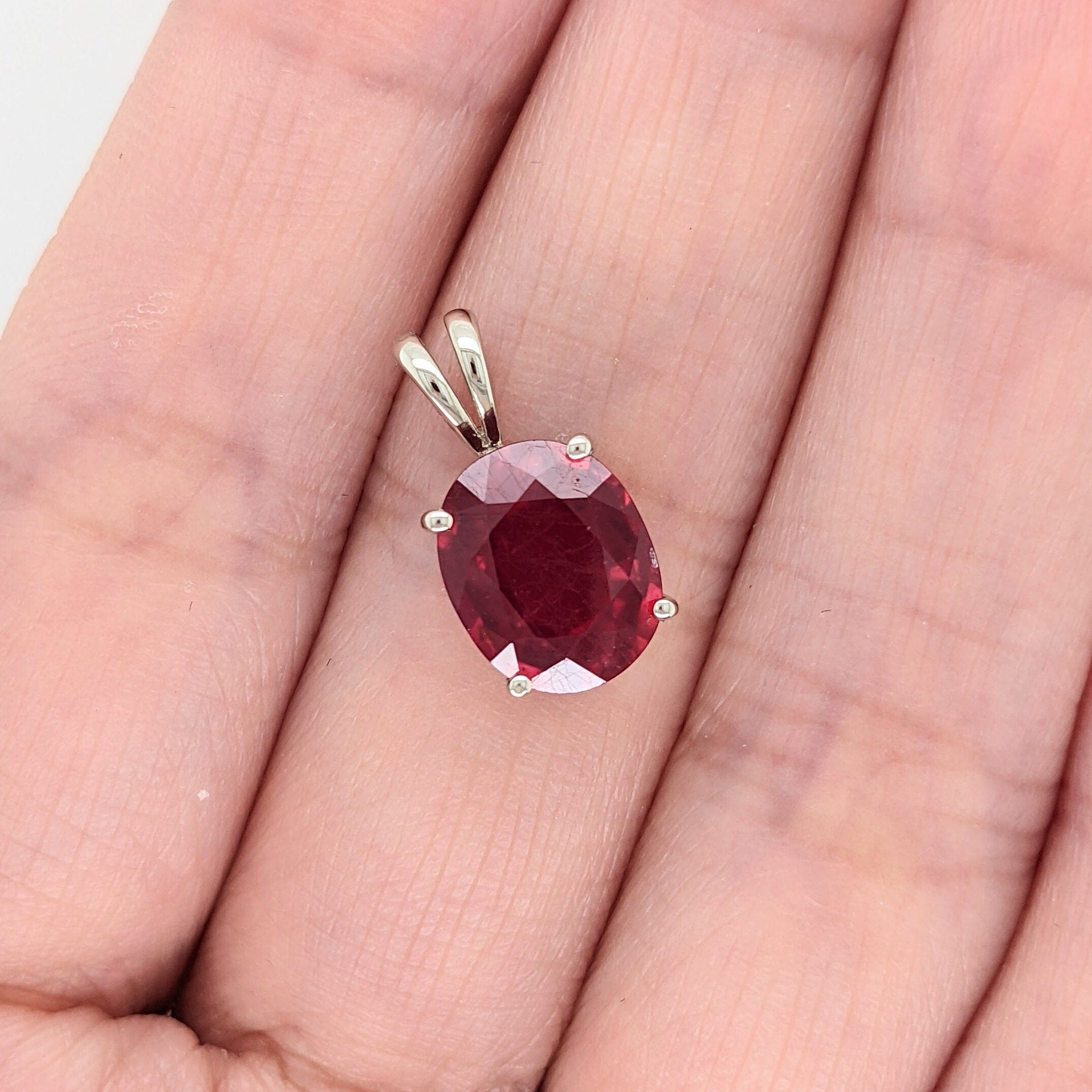 Pendants-Classy Pigeon Blood Red Ruby Pendant in Solid 14K White, Yellow or Rose Gold | Oval 10x8mm | July Birthstone | Rabbit Ear Bail | Prong Set - NNJGemstones