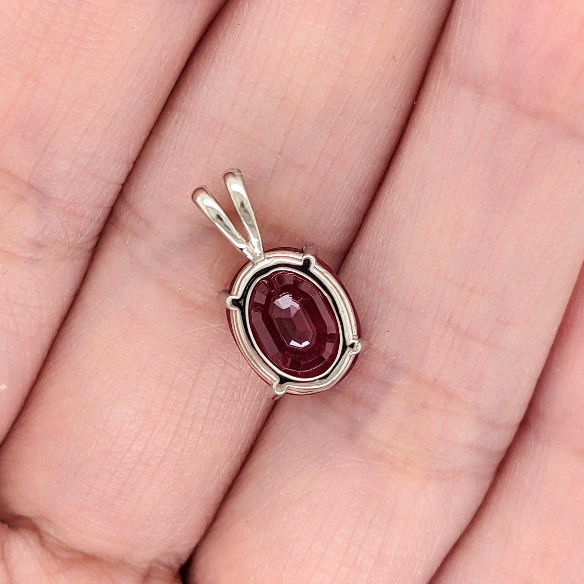 Pendants-Classy Pigeon Blood Red Ruby Pendant in Solid 14K White, Yellow or Rose Gold | Oval 10x8mm | July Birthstone | Rabbit Ear Bail | Prong Set - NNJGemstones
