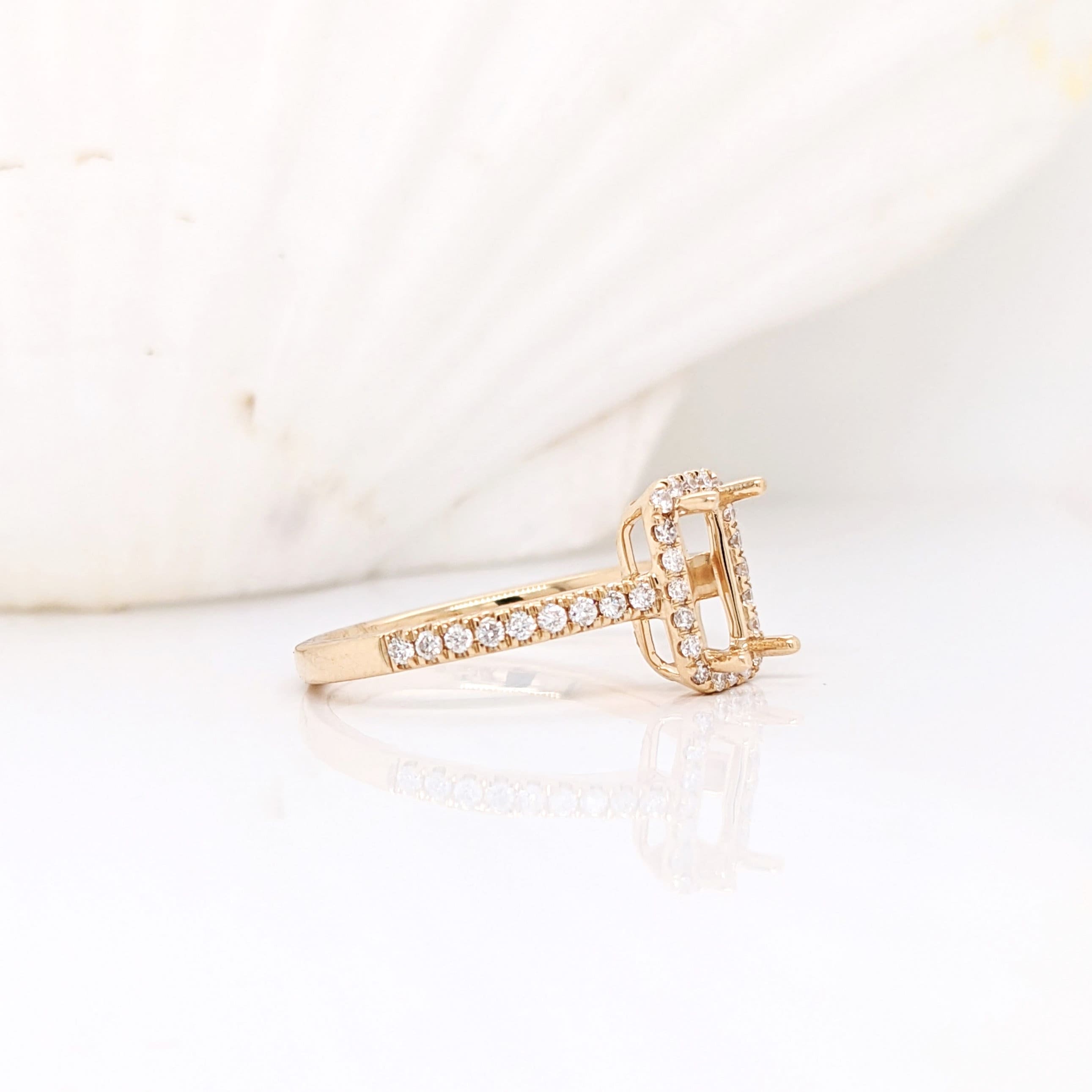 Traditional Emerald Cut Ring Semi Mount in 14K Yellow, White, Rose Gold w Pave Diamond Halo | Emerald Cut 7x4mm | Customizable