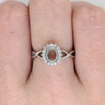Oval Ring Semi-mount with Diamond Halo in 14k Gold w Crossover Band I Customizable