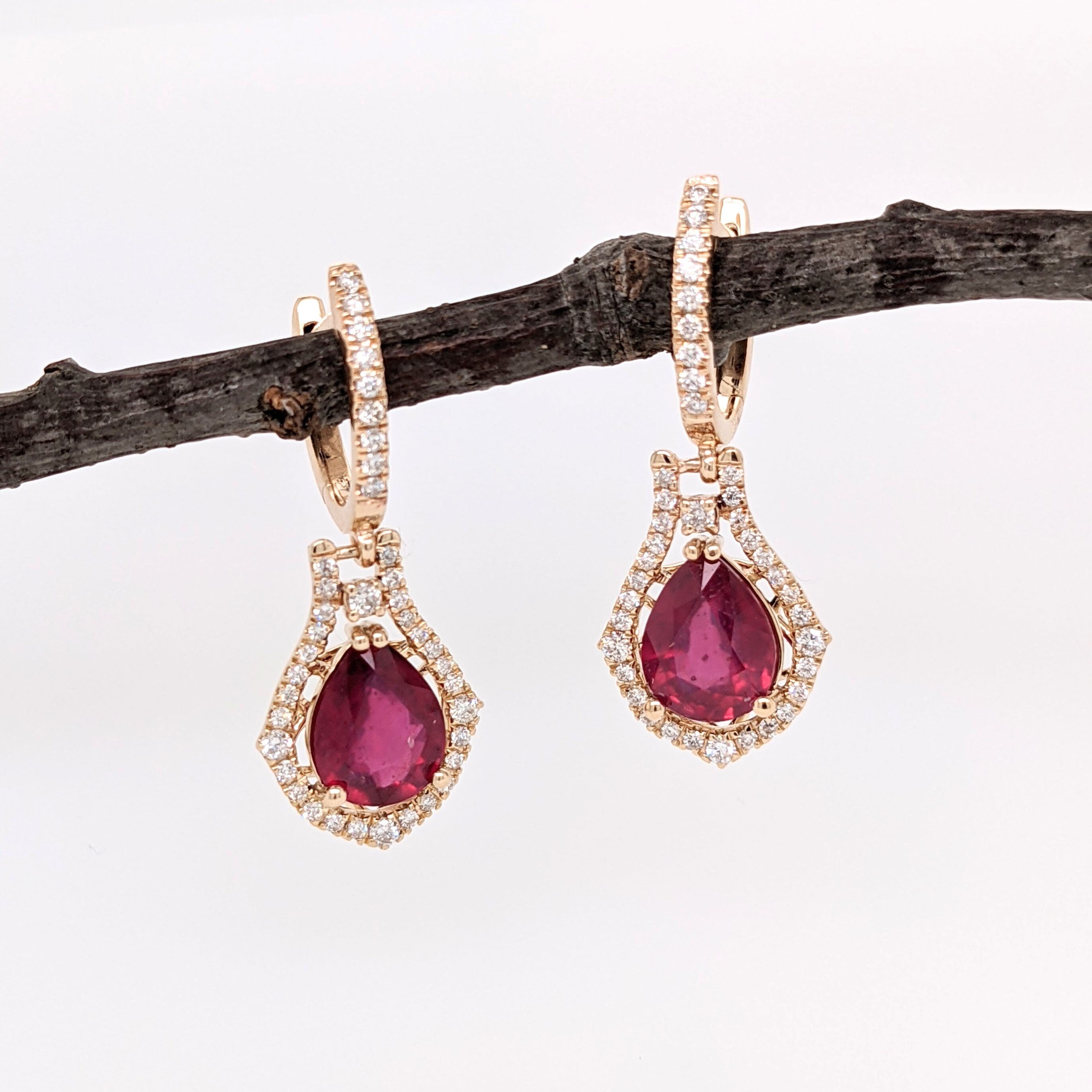 Pigeon Blood Red Ruby Drop Earrings in 14k Solid Yellow Gold w a Natural Diamond Halo | Pear Shape 9x7mm | July Birthstone