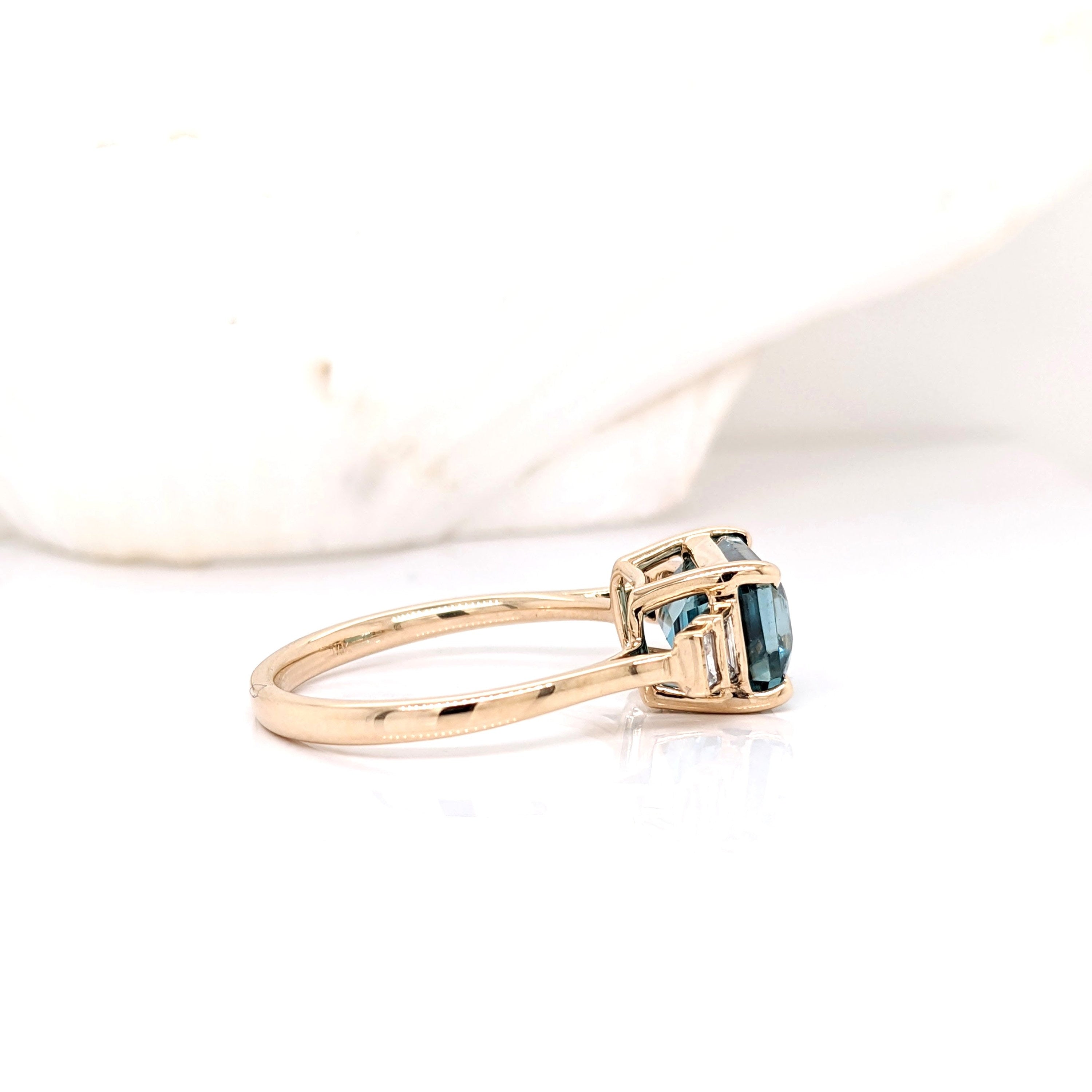 East West Blue Zircon Ring w Baguette Diamond Accents in Solid 14K Yellow Gold | Emerald Cut 9x6.5mm | Statement Ring