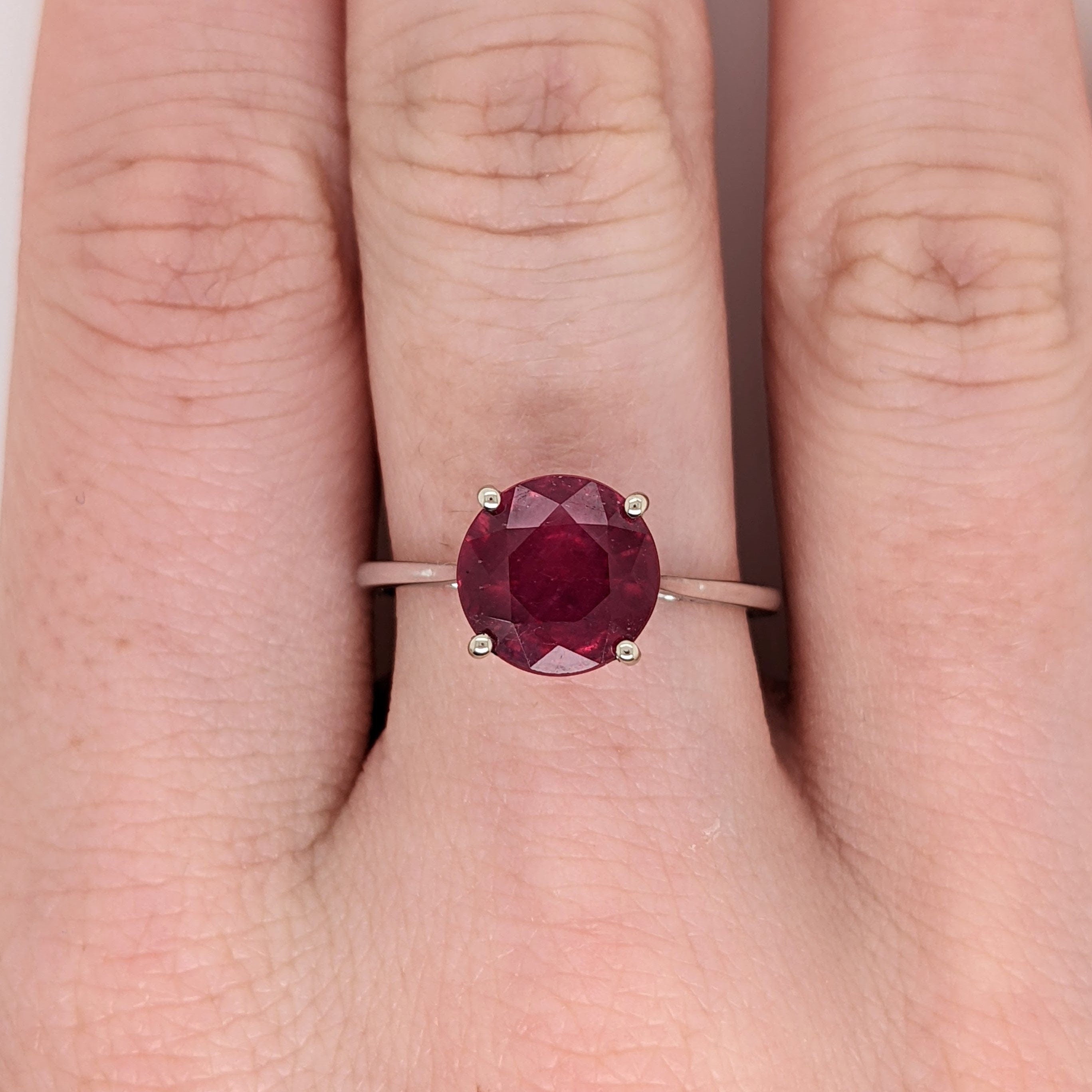 Round Red Ruby Ring in Solid 14k White Gold | Round 9mm | July Birthstone | Minimalist | Pigeon Blood Red | Prong Setting