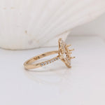 Compass Rose Inspired Halo Design w Natural Diamonds | Ring Semi Mount in 14K Solid Gold | Emerald Cut 5mm 6mm + | Compass Prong | Custom