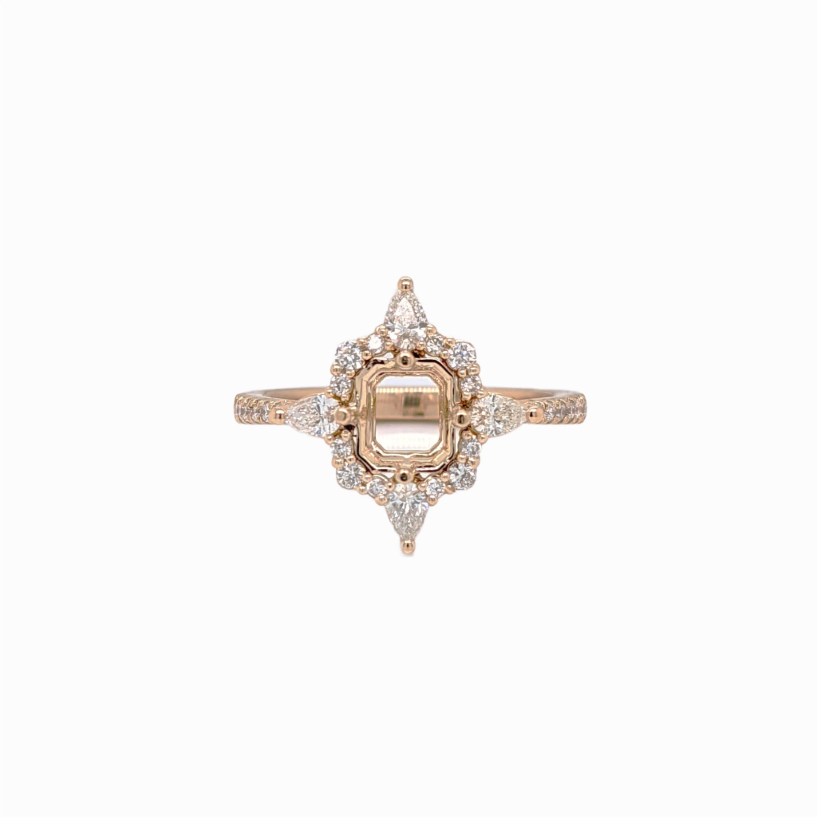 Compass Rose Inspired Halo Design w Natural Diamonds | Ring Semi Mount in 14K Solid Gold | Emerald Cut 5mm 6mm + | Compass Prong | Custom