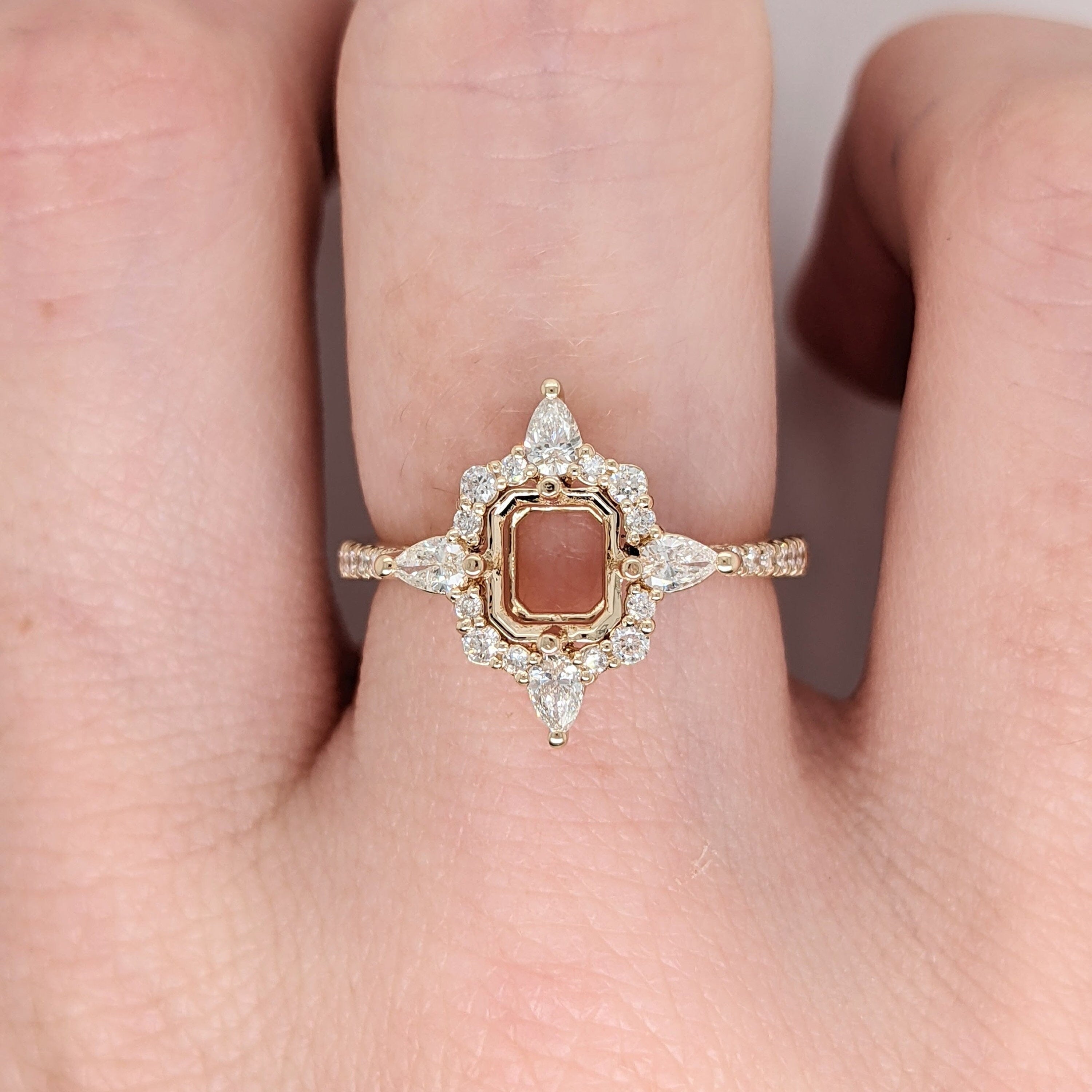 Compass Rose Inspired Halo Design w Natural Diamonds | Ring Semi Mount in 14K Solid Gold | Emerald Cut 5mm 6mm + | Compass Prong | Custom