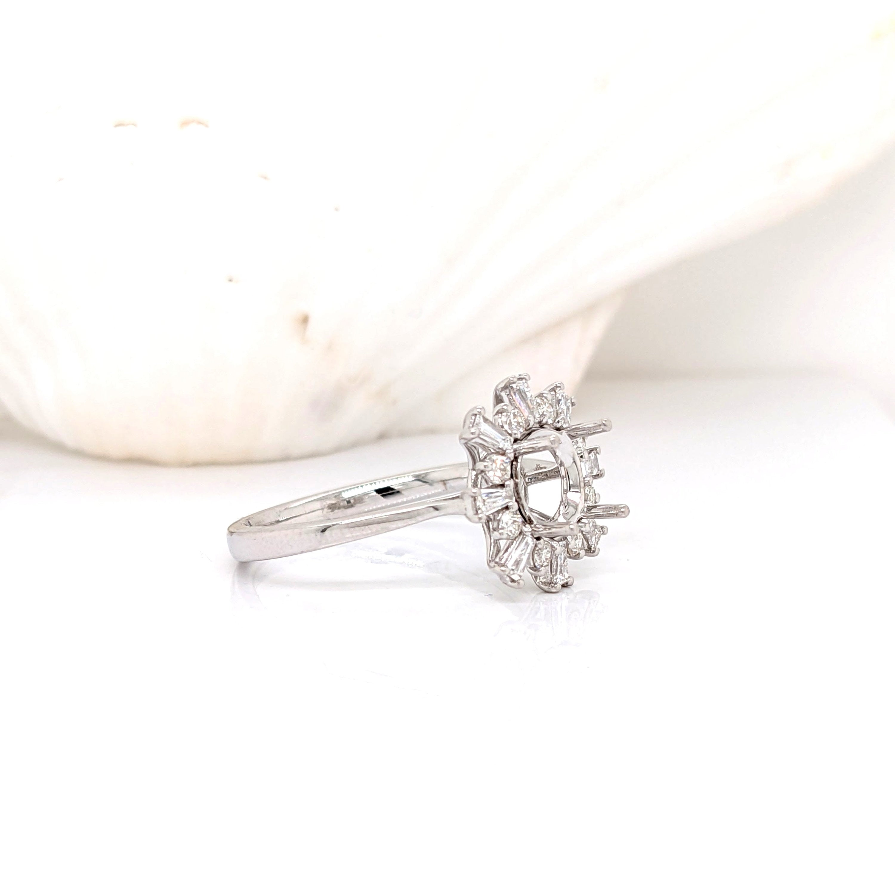 Unique Starburst Halo Design w Natural Baguette and Round Diamonds | Ring Semi Mount in 14K Solid Gold | Round Prong Setting | Custom Sizes