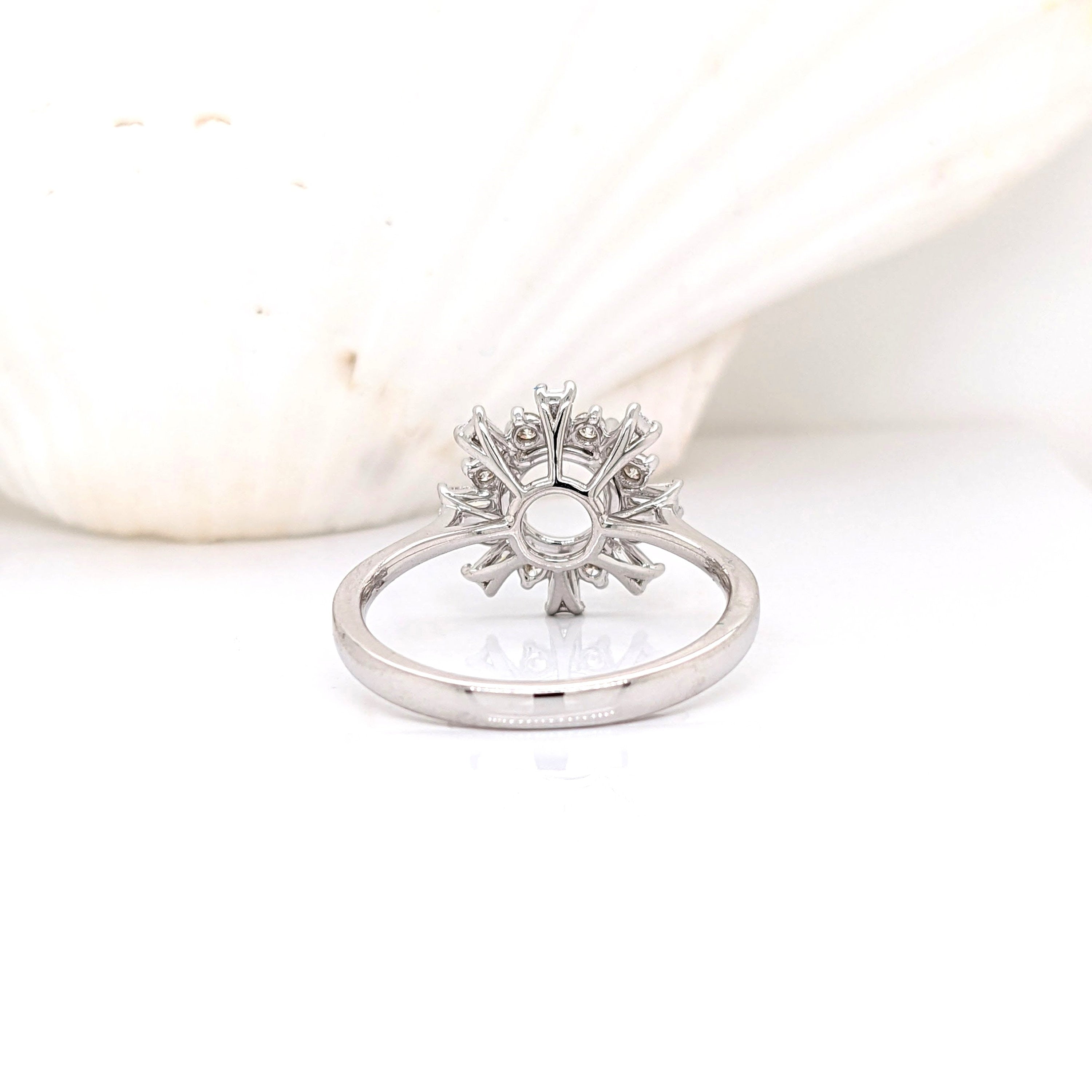 Unique Starburst Halo Design w Natural Baguette and Round Diamonds | Ring Semi Mount in 14K Solid Gold | Round Prong Setting | Custom Sizes