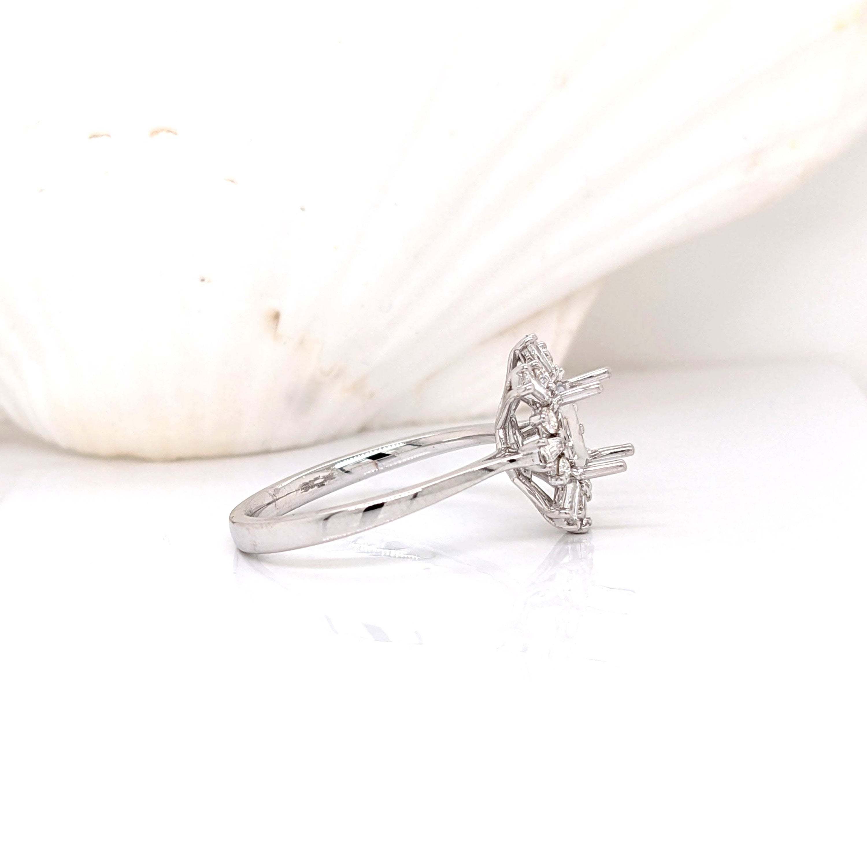 Unique Starburst Halo Design w Natural Baguette and Round Diamonds | Ring Semi Mount in 14K Solid Gold | Round Prong Setting | Custom Sizes