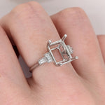 Elegant Ring Semi Mount in 14K Solid Gold w Baguette Diamond Accents | Milgrain Detail | Emerald Cut Prong Setting | Custom Sizes
